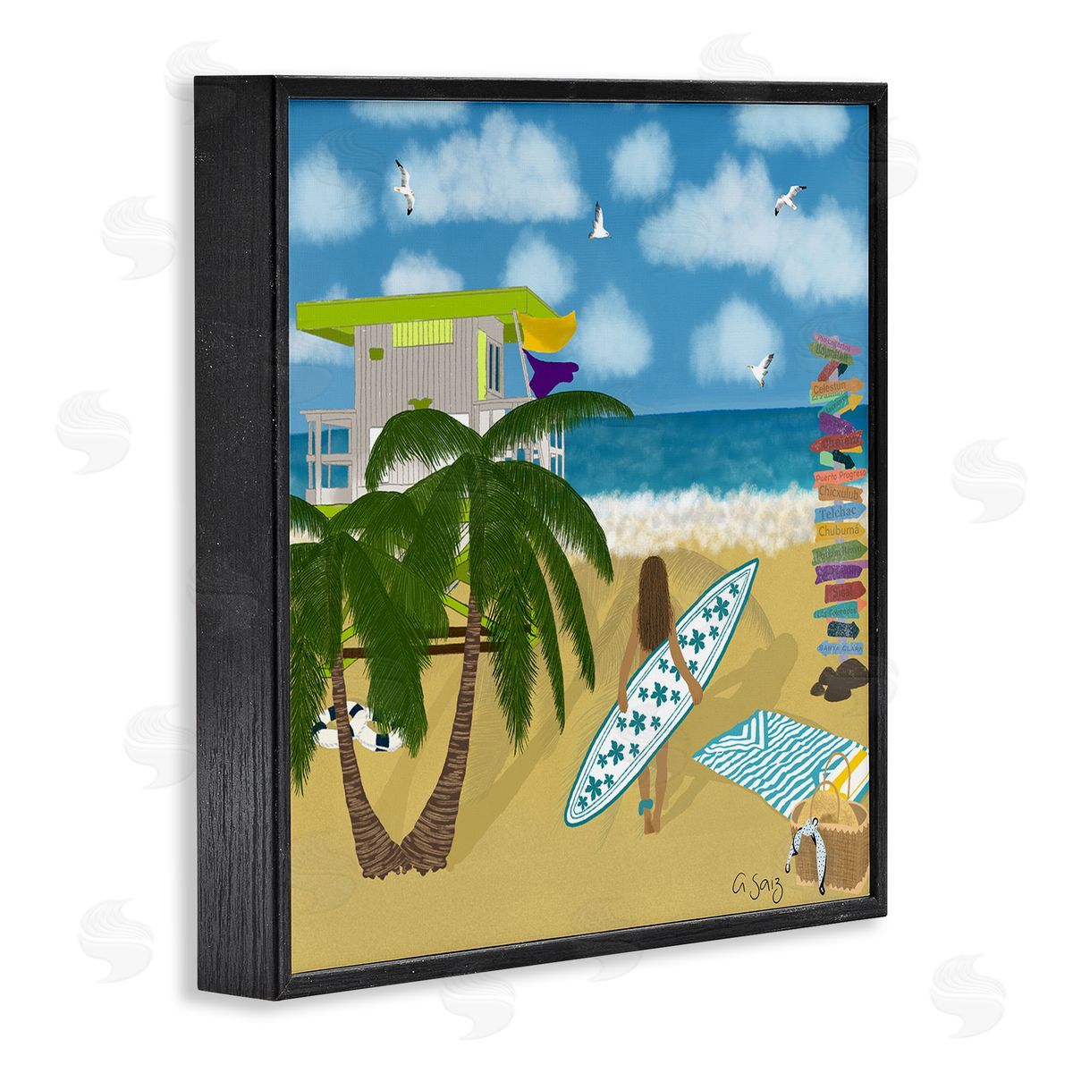 Ale Saiz Studio Surfer Girl Walking Tropical Beach Black Framed Glicee Wall Art Print