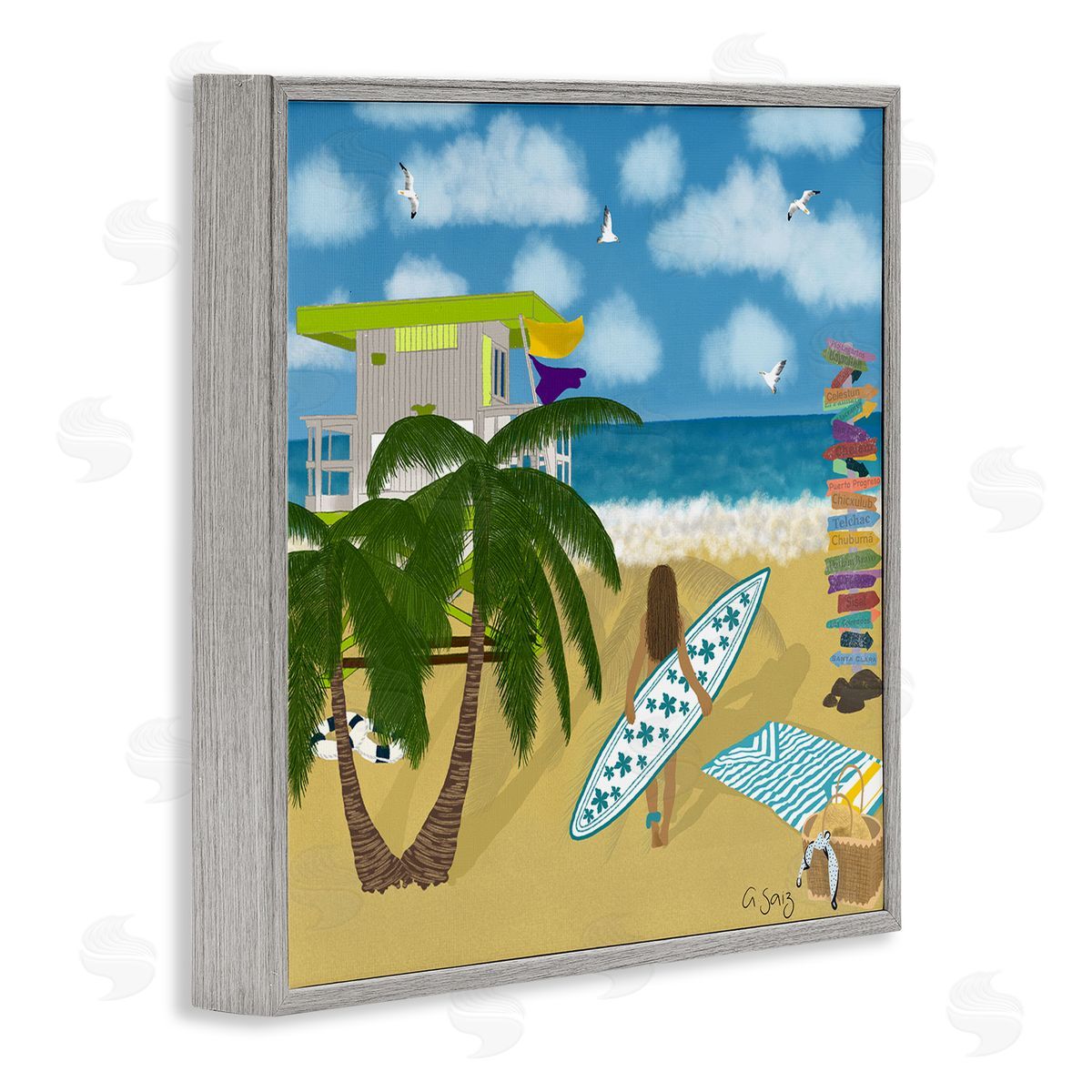Ale Saiz Studio Surfer Girl Walking Tropical Beach Gray Framed Glicee Wall Art Print