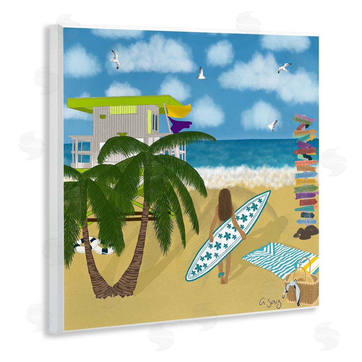 Ale Saiz Studio Surfer Girl Walking Tropical Beach Wooden Wall Plaque Art Print