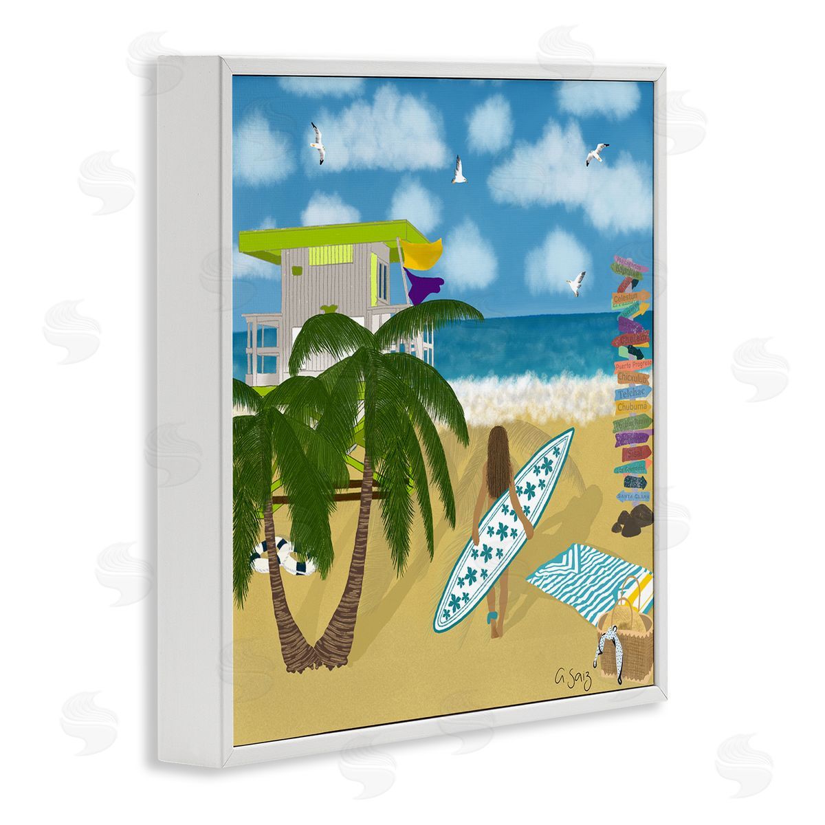 Ale Saiz Studio Surfer Girl Walking Tropical Beach White Framed Glicee Wall Art Print