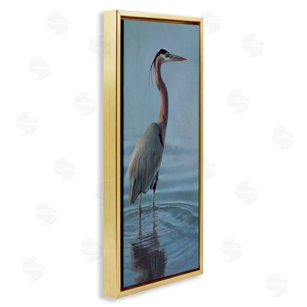 Matthew Hillier Heron Bird Perched Ocean Ripples Gold Floating Frame Canvas Wall Art Print