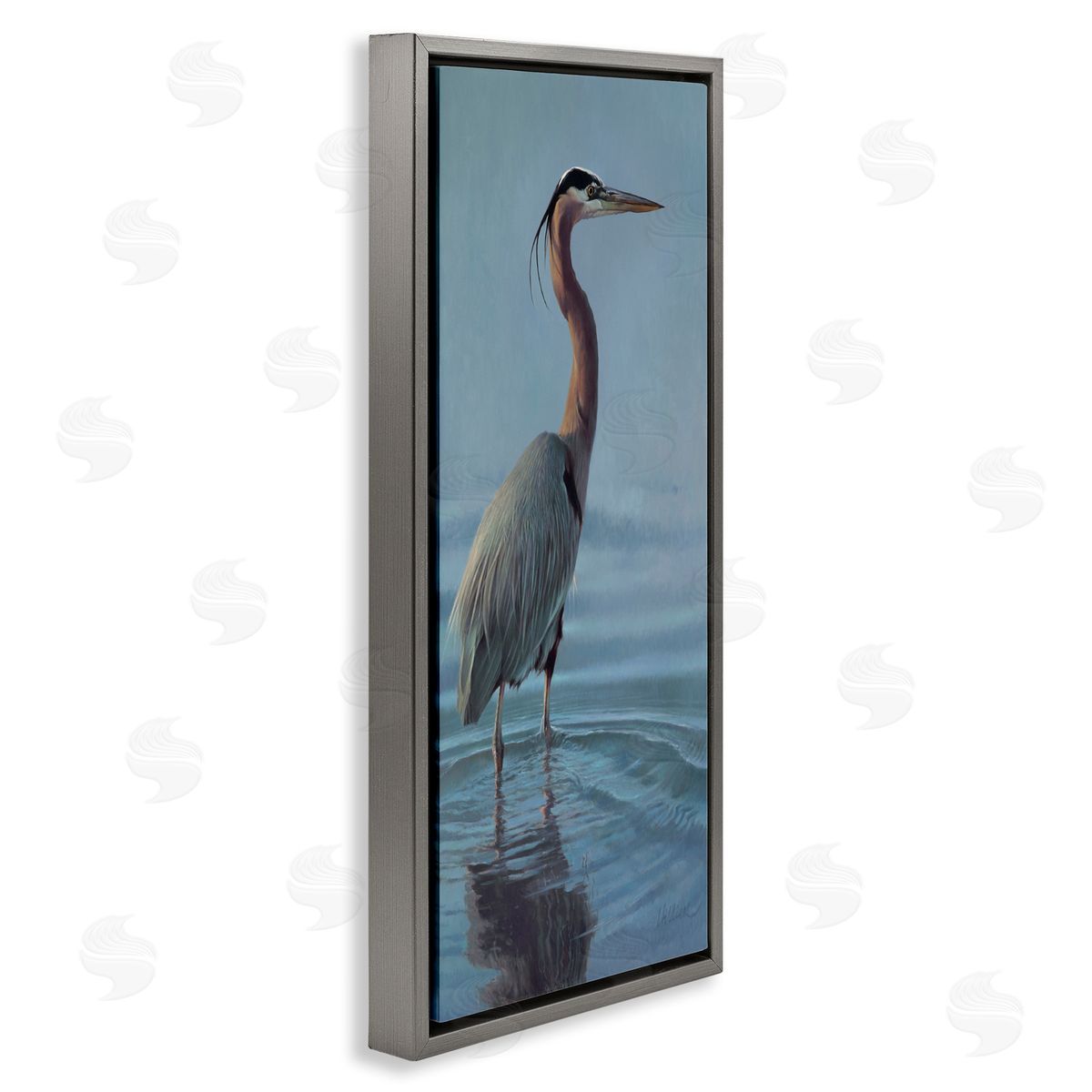 Matthew Hillier Heron Bird Perched Ocean Ripples Gray Floating Frame Canvas Wall Art Print