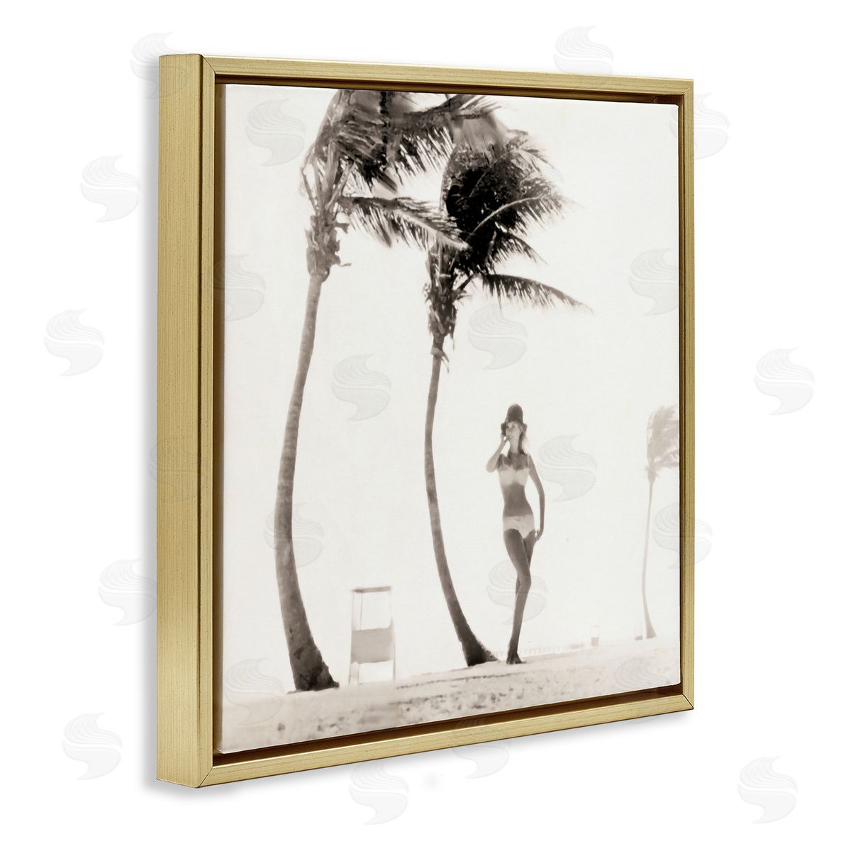 Graffitee Studios White Bikini Windblown Beach Gold Floating Frame Canvas Wall Art Print