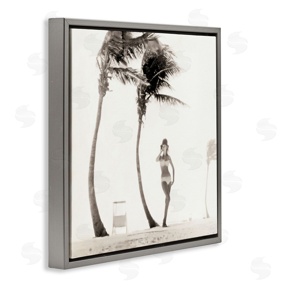 Graffitee Studios White Bikini Windblown Beach Gray Floating Frame Canvas Wall Art Print