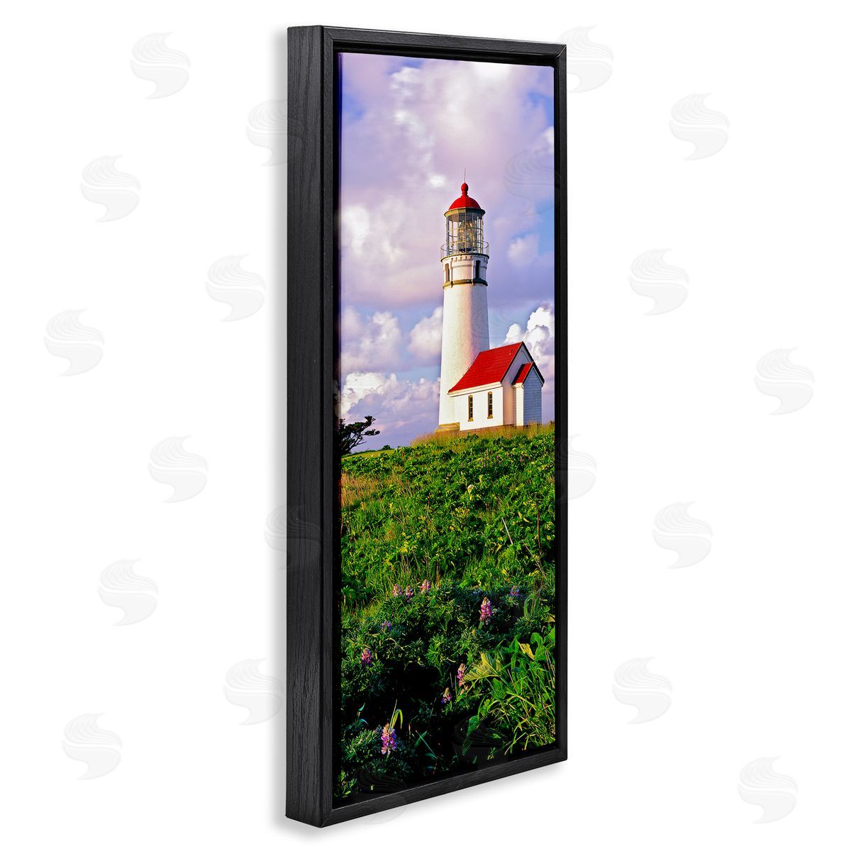 Dennis Frates Coastal Red Lighthouse Lush Garden Black Floating Frame Canvas Wall Art Print