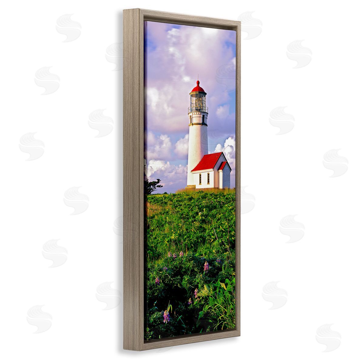 Dennis Frates Coastal Red Lighthouse Lush Garden Brown Floating Frame Canvas Wall Art Print
