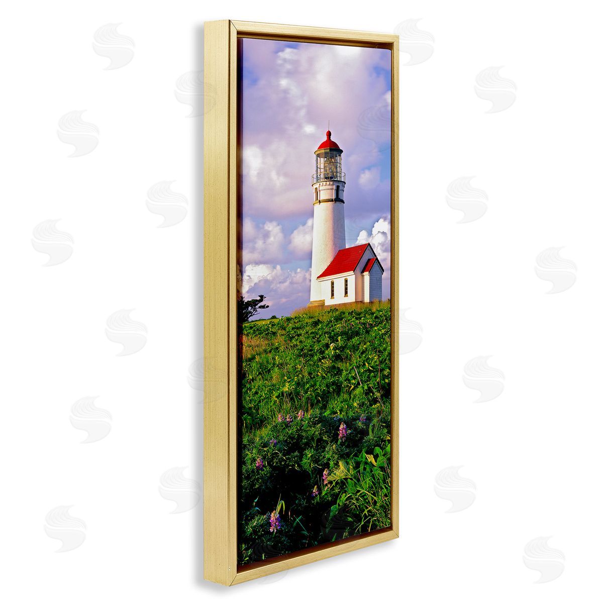 Dennis Frates Coastal Red Lighthouse Lush Garden Gold Floating Frame Canvas Wall Art Print