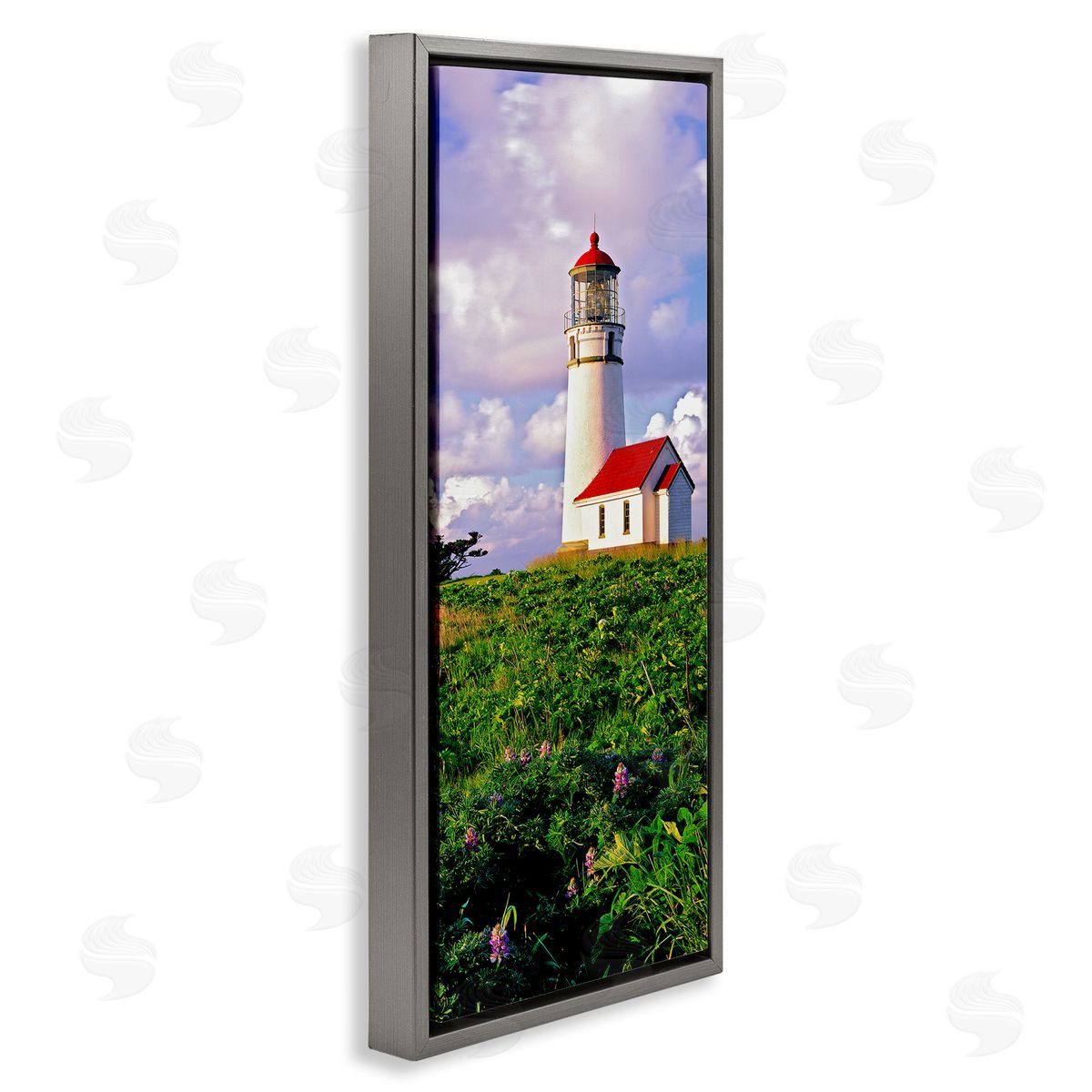 Dennis Frates Coastal Red Lighthouse Lush Garden Gray Floating Frame Canvas Wall Art Print