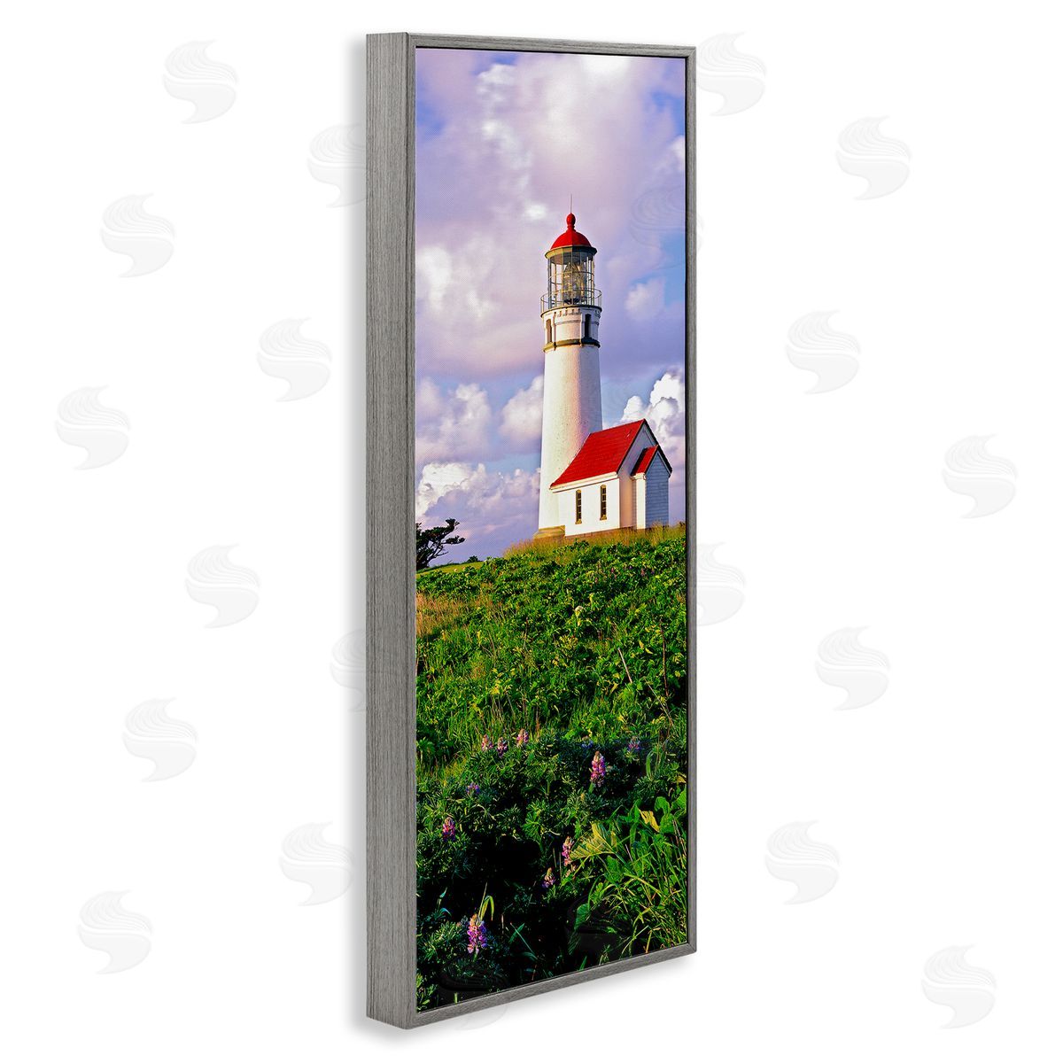 Dennis Frates Coastal Red Lighthouse Lush Garden Gray Framed Glicee Wall Art Print