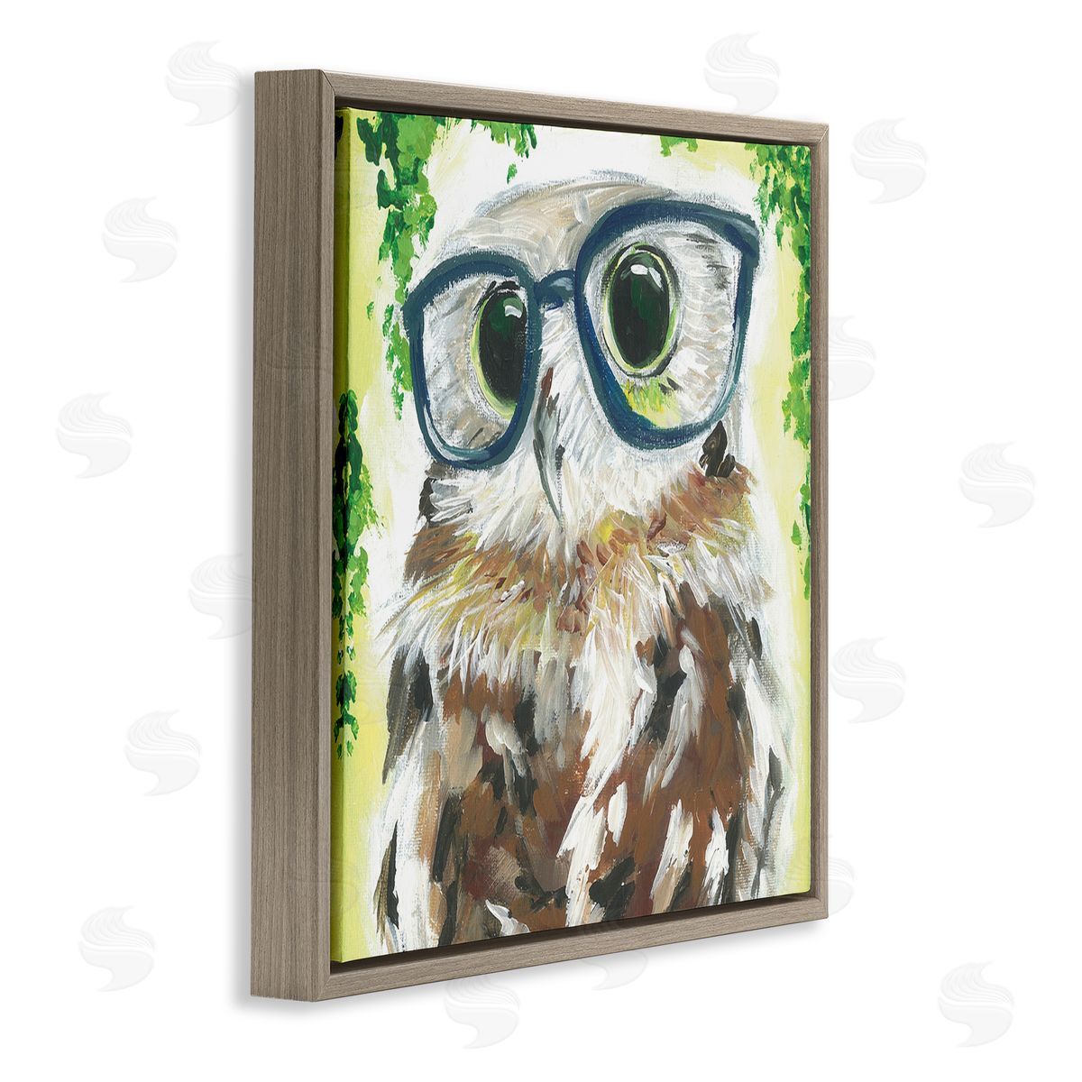 Jennifer Rutledge Owl In Glasses Ivy Plant Wildlife Brown Floating Frame Canvas Wall Art Print