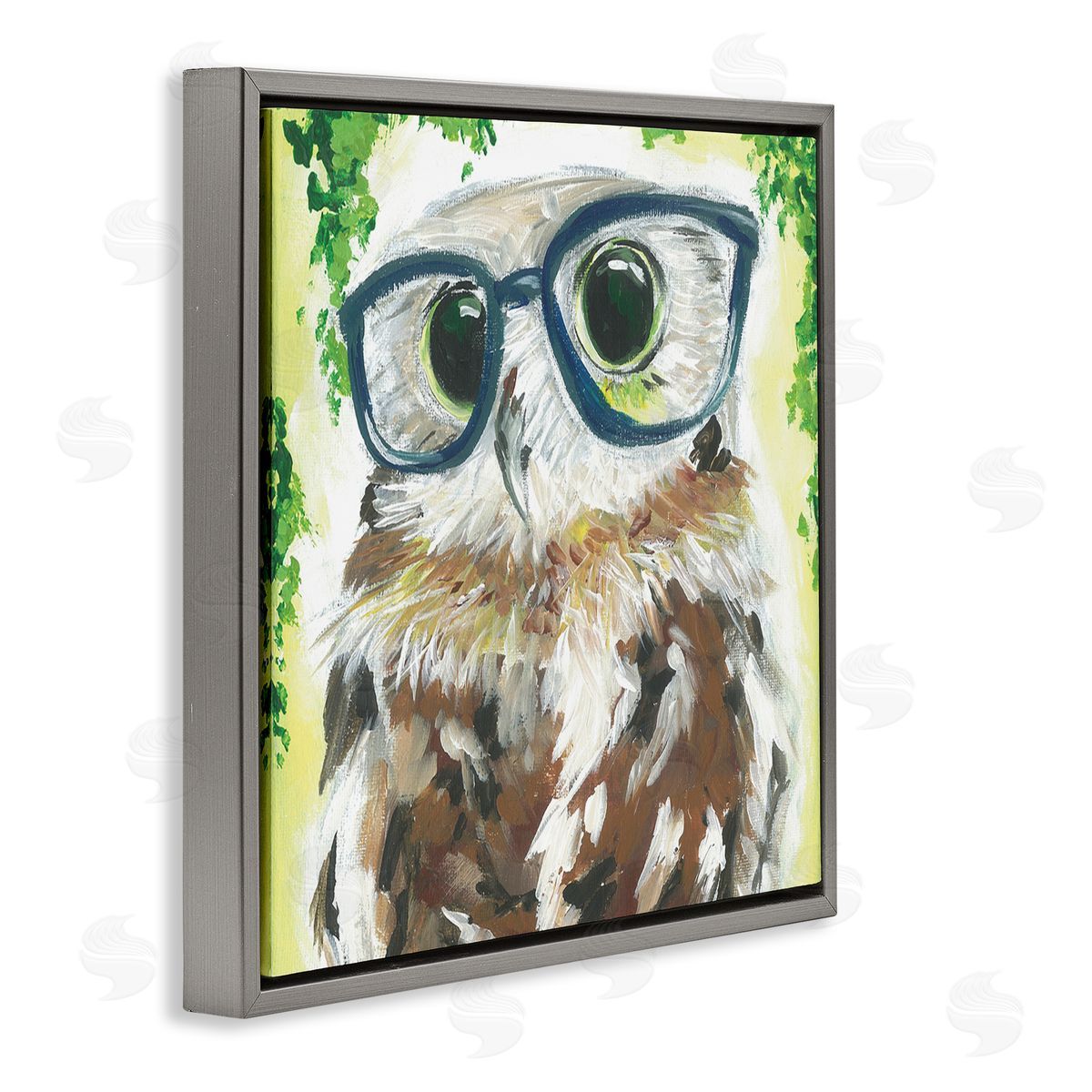 Jennifer Rutledge Owl In Glasses Ivy Plant Wildlife Gray Floating Frame Canvas Wall Art Print