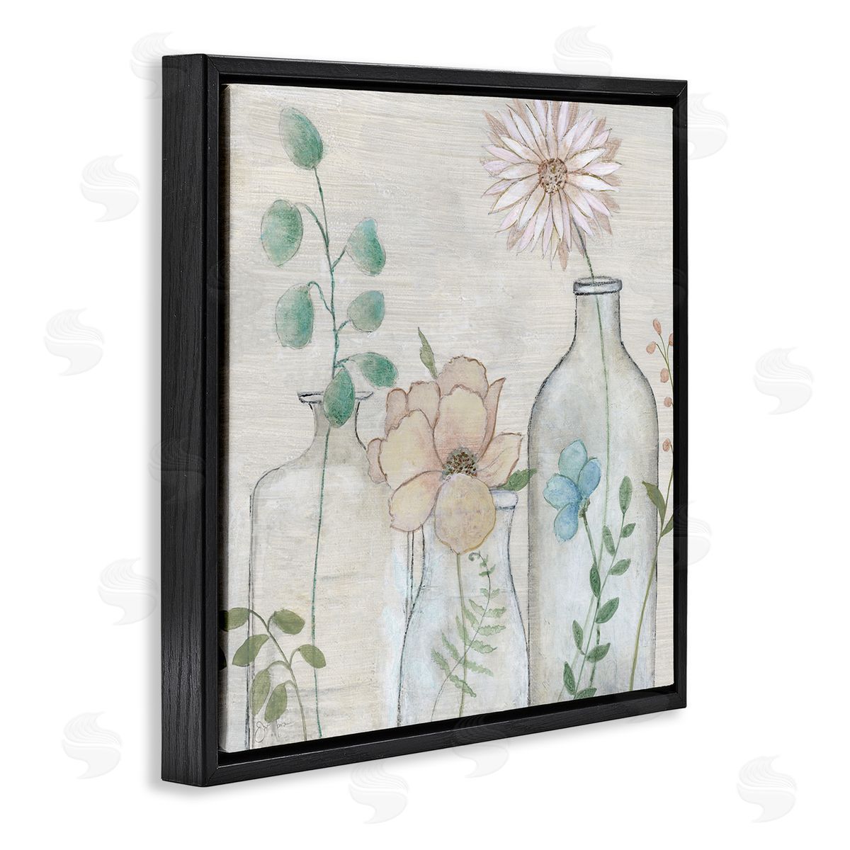 Janet Tava Mixed Rustic Wildflower Vases Black Floating Frame Canvas Wall Art Print