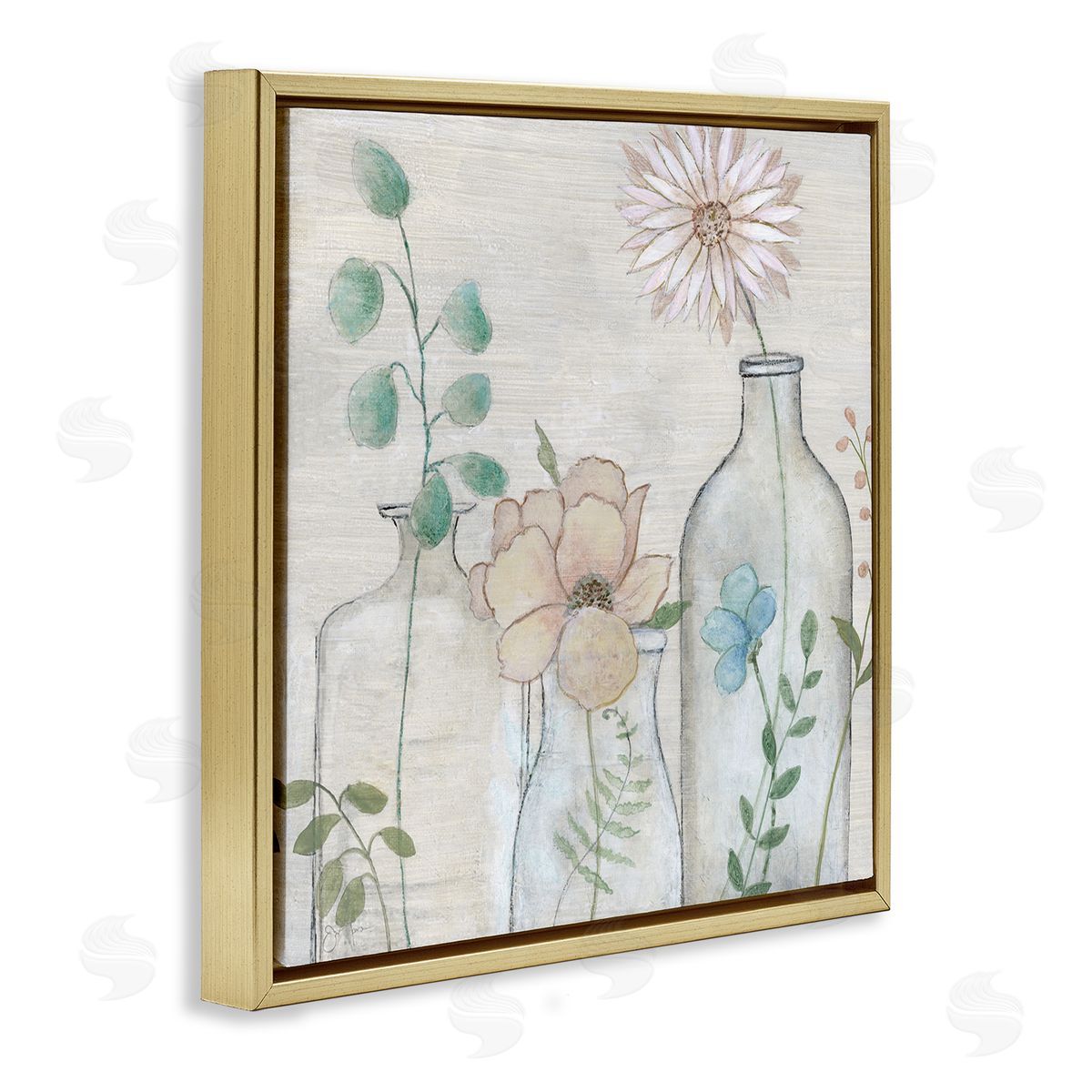 Janet Tava Mixed Rustic Wildflower Vases Gold Floating Frame Canvas Wall Art Print