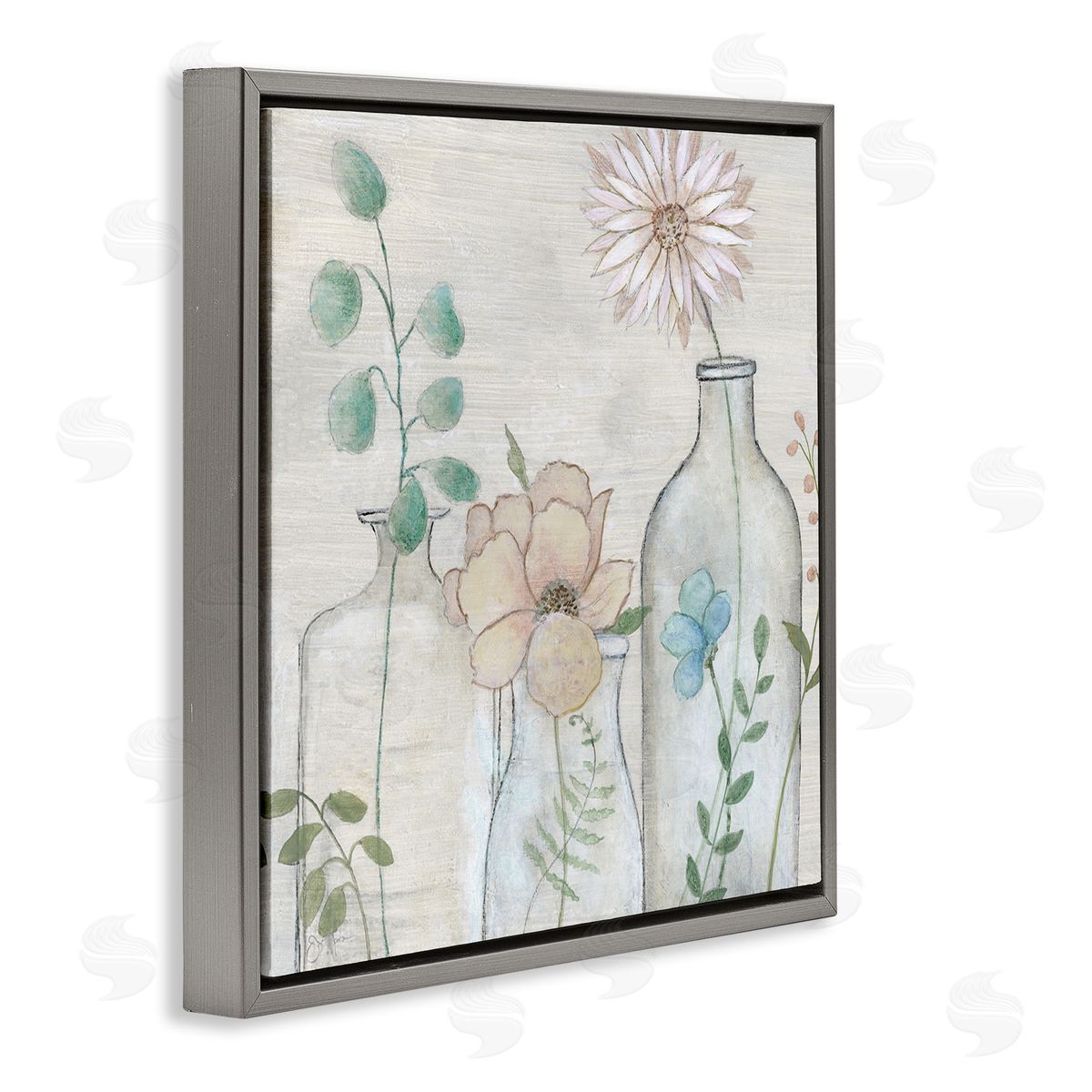 Janet Tava Mixed Rustic Wildflower Vases Gray Floating Frame Canvas Wall Art Print
