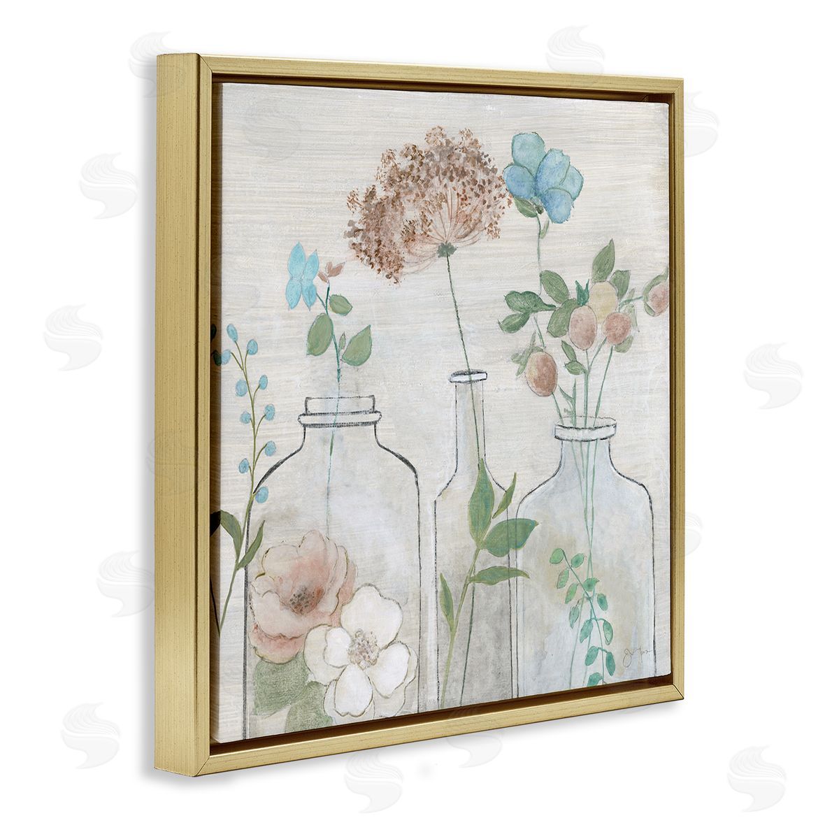Janet Tava Botanical Herbs Cottage Bouquets Gold Floating Frame Canvas Wall Art Print
