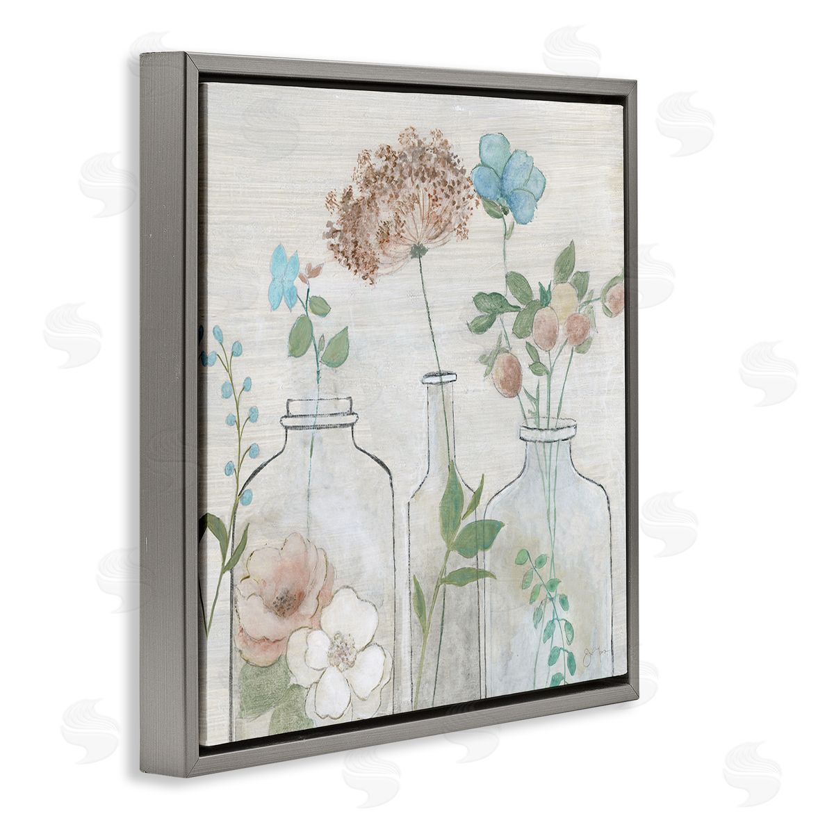 Janet Tava Botanical Herbs Cottage Bouquets Gray Floating Frame Canvas Wall Art Print