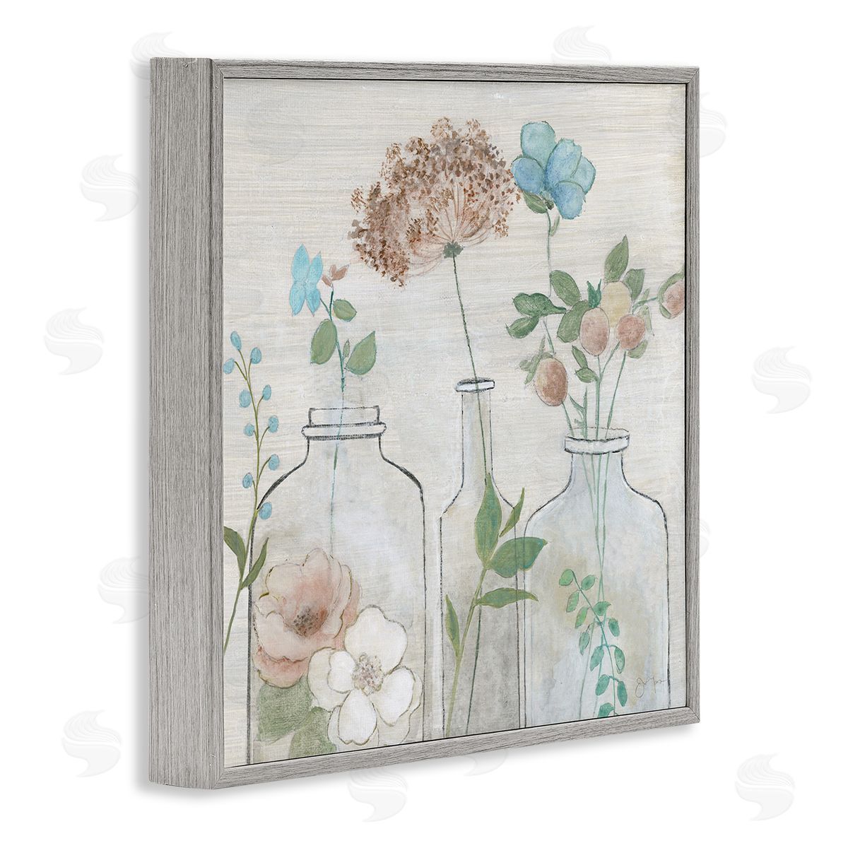 Janet Tava Botanical Herbs Cottage Bouquets Gray Framed Glicee Wall Art Print