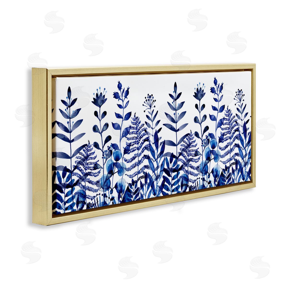 Maria Over Blue Sprouting Botanical Herbs Gold Floating Frame Canvas Wall Art Print