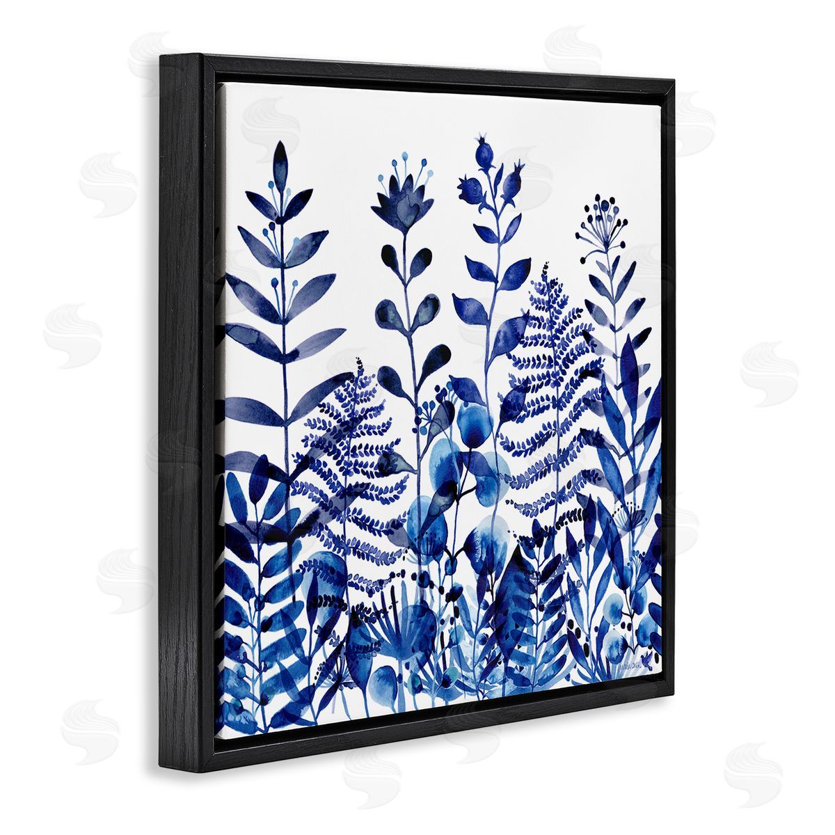 Maria Over Blue Fern Sprouts Nature Plants Black Floating Frame Canvas Wall Art Print