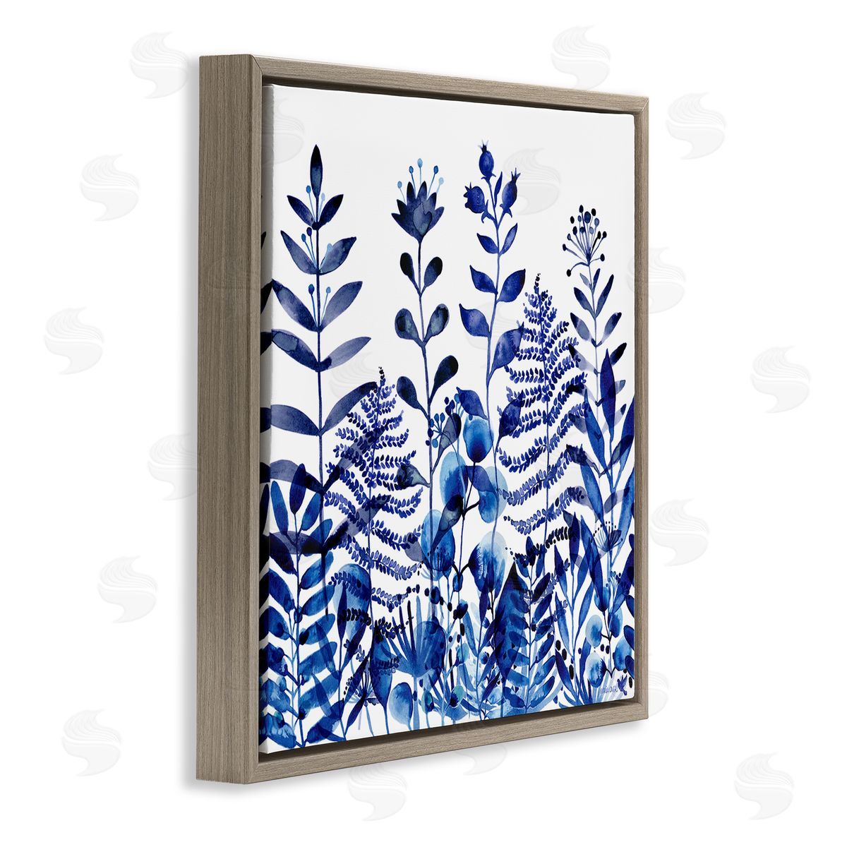 Maria Over Blue Fern Sprouts Nature Plants Brown Floating Frame Canvas Wall Art Print