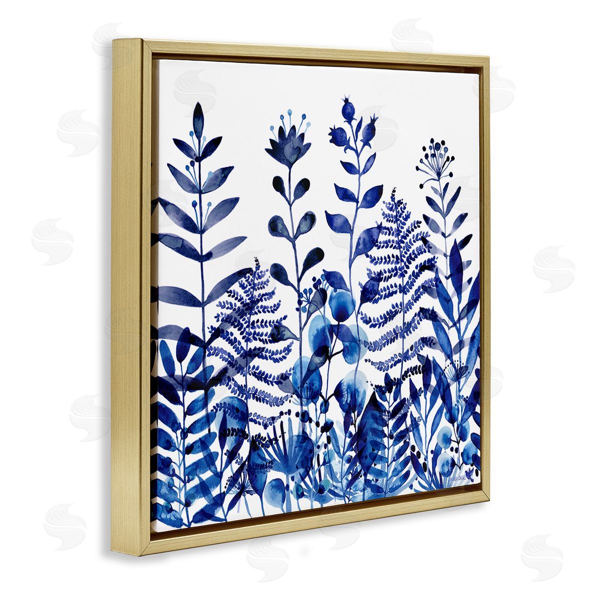 Maria Over Blue Fern Sprouts Nature Plants Gold Floating Frame Canvas Wall Art Print