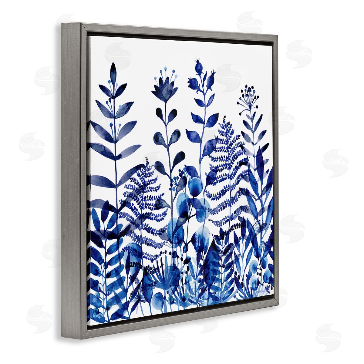 Maria Over Blue Fern Sprouts Nature Plants Gray Floating Frame Canvas Wall Art Print