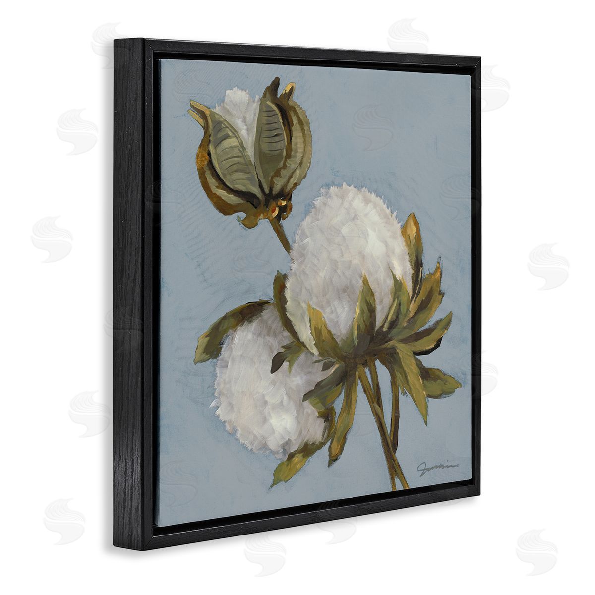 Liz Jardine Cotton Flower Blooms Painting Black Floating Frame Canvas Wall Art Print