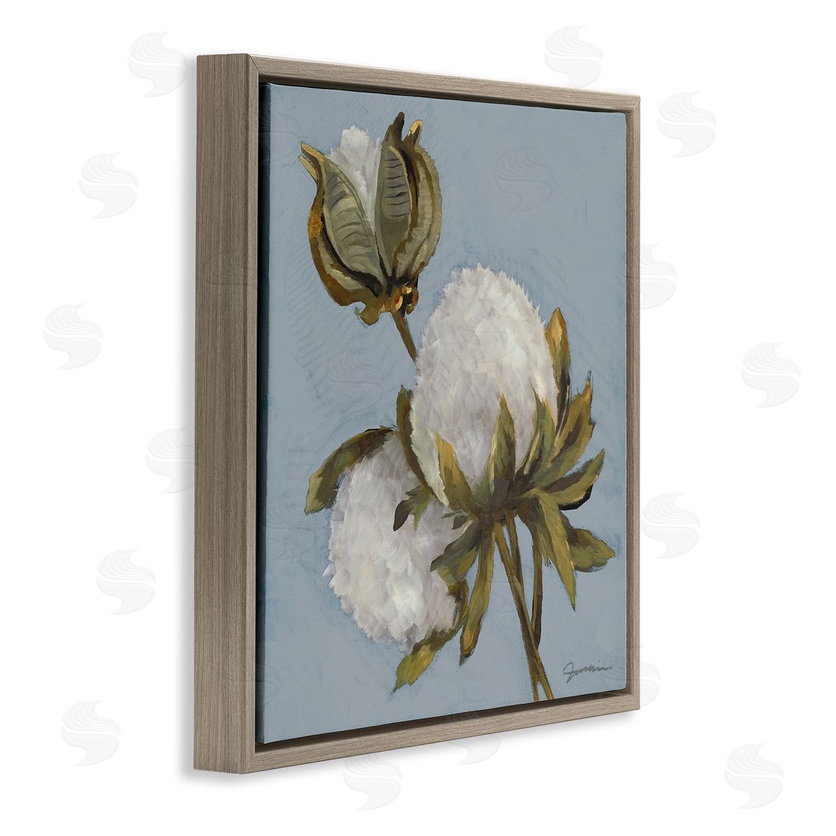 Liz Jardine Cotton Flower Blooms Painting Brown Floating Frame Canvas Wall Art Print
