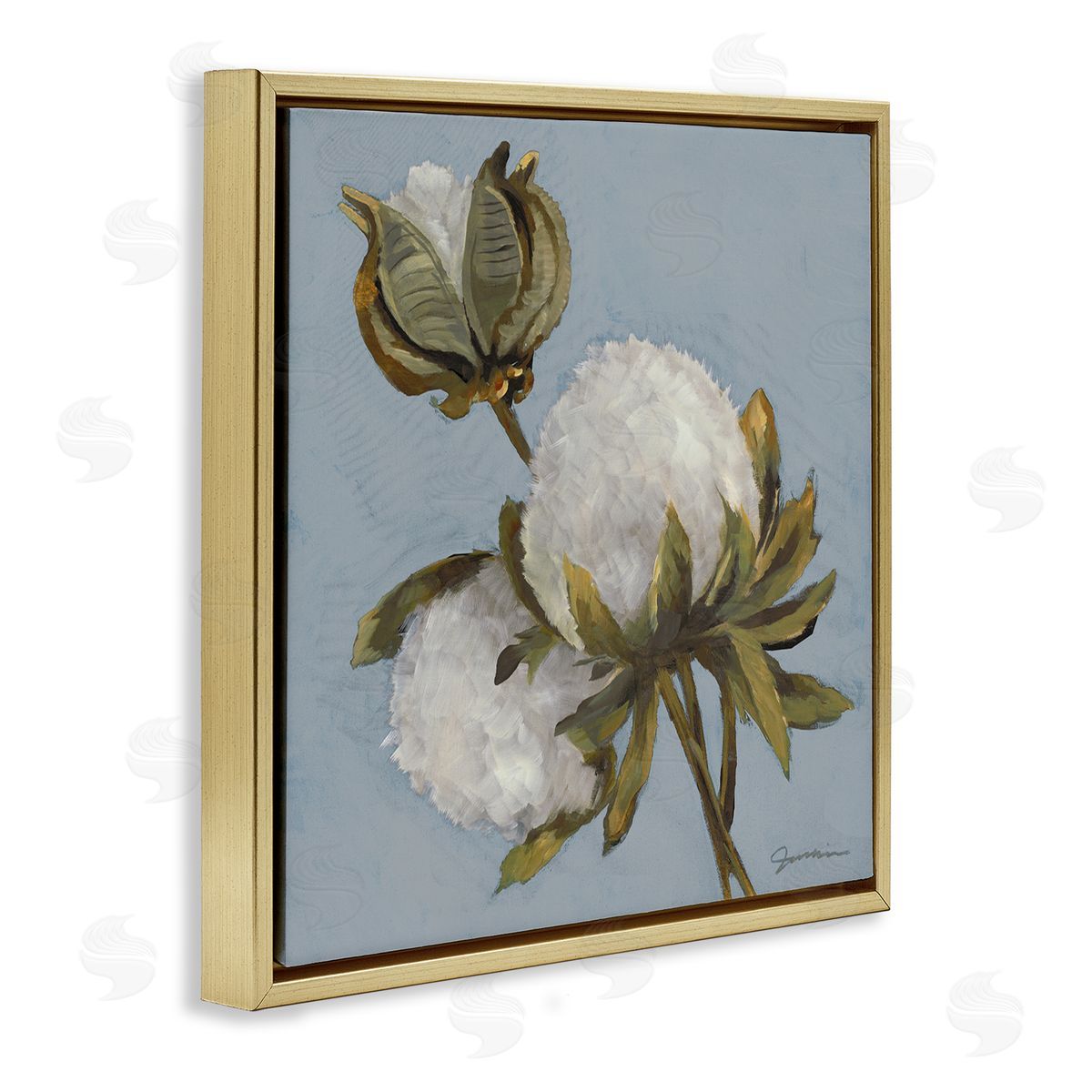 Liz Jardine Cotton Flower Blooms Painting Gold Floating Frame Canvas Wall Art Print