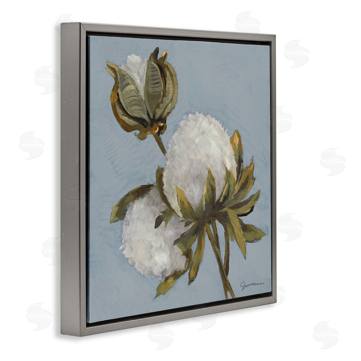 Liz Jardine Cotton Flower Blooms Painting Gray Floating Frame Canvas Wall Art Print