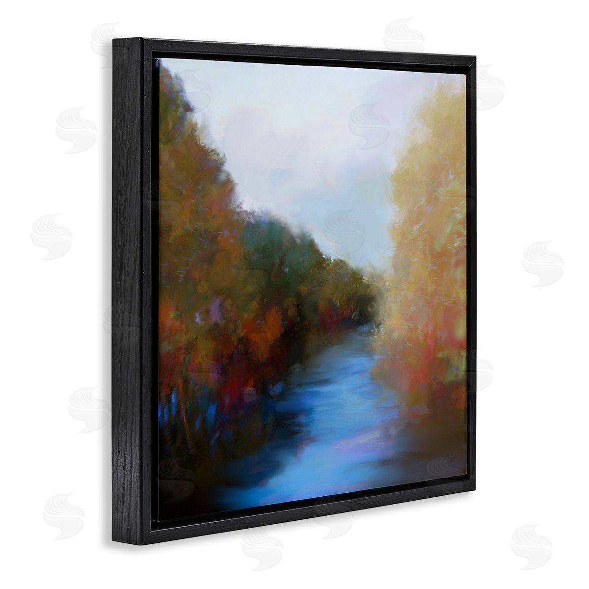 Lisa Ridgers Flowing River Nature Trees Foliage Black Floating Frame Canvas Wall Art Print