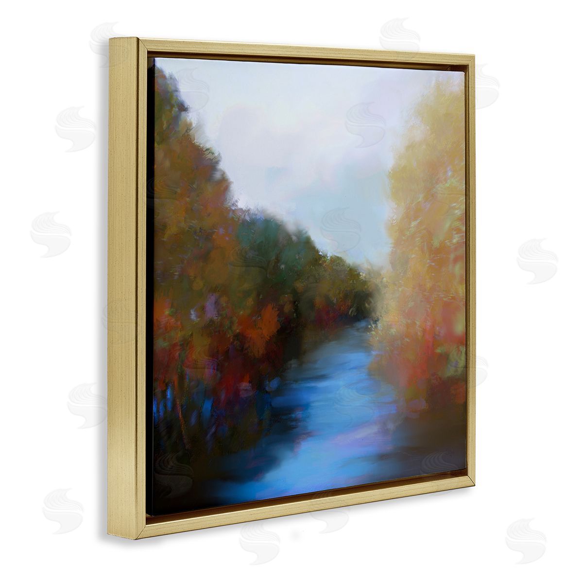 Lisa Ridgers Flowing River Nature Trees Foliage Gold Floating Frame Canvas Wall Art Print