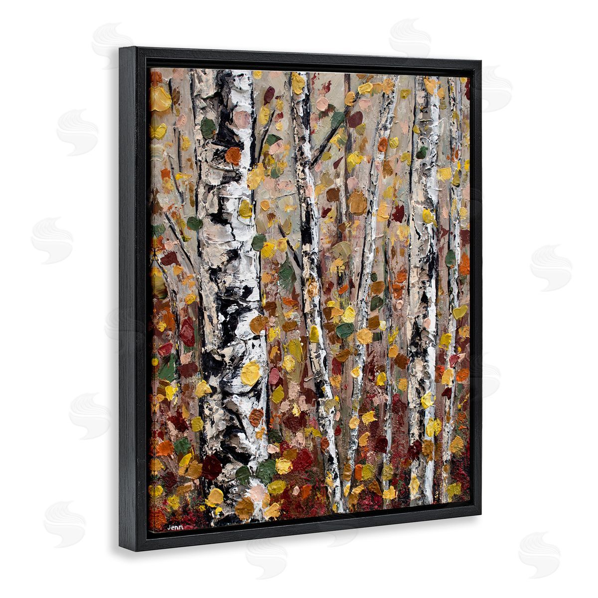 Autumn Birch Trees Abstract Leaves Black Floating Frame Canvas Wall Art, Home Decor by Jen Seeley