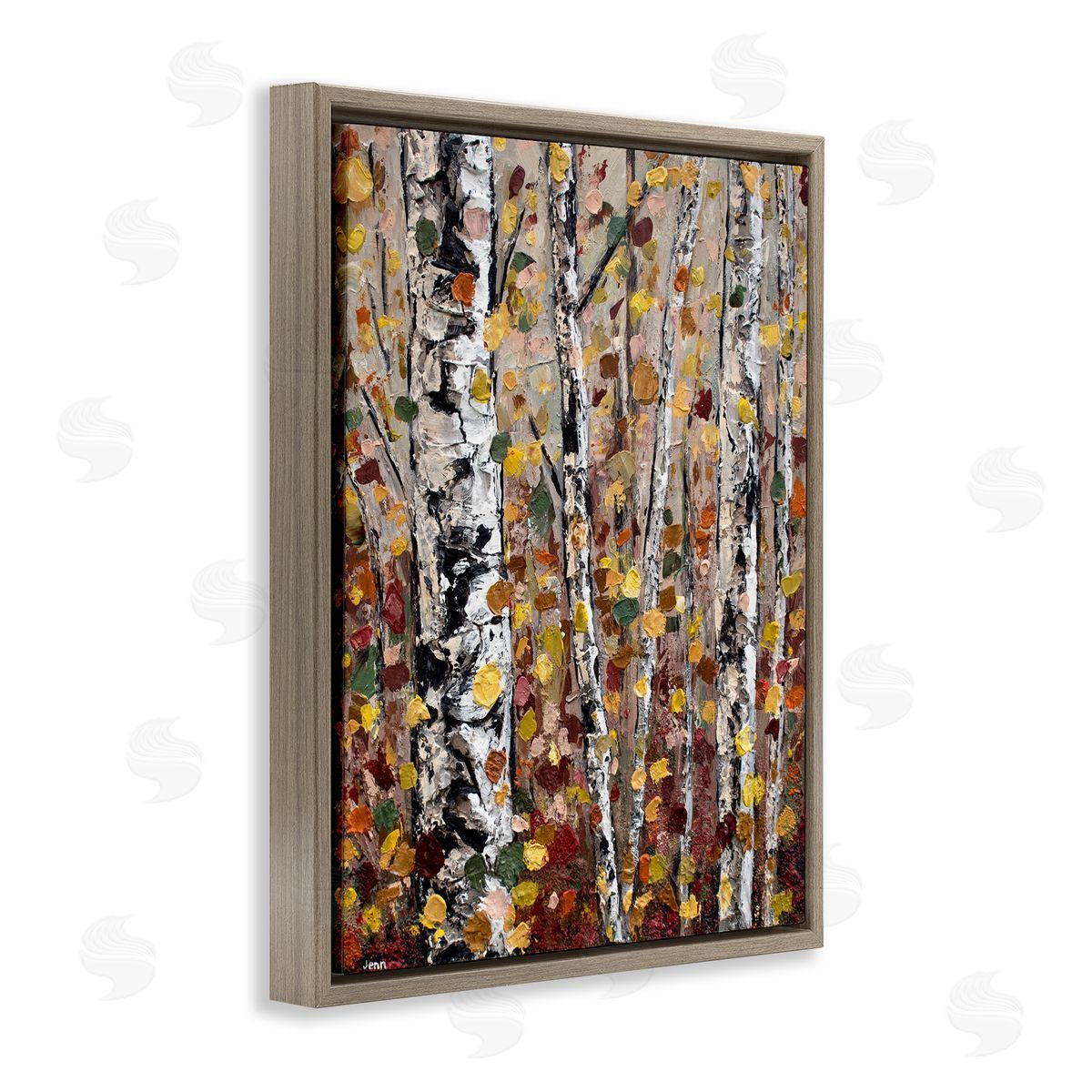 Autumn Birch Trees Abstract Leaves Brown Floating Frame Canvas Wall Art, Home Decor by Jen Seeley