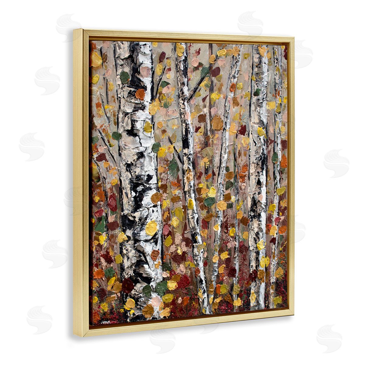 Autumn Birch Trees Abstract Leaves Gold Floating Frame Canvas Wall Art, Home Decor by Jen Seeley