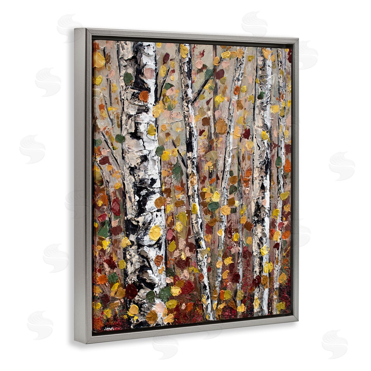 Autumn Birch Trees Abstract Leaves Grey Floating Frame Canvas Wall Art, Home Decor by Jen Seeley