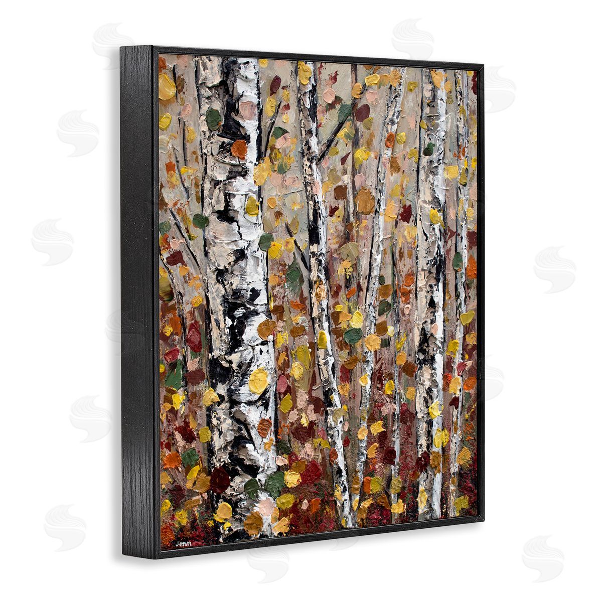 Autumn Birch Trees Abstract Leaves Black Frame Print Wall Art, Home Decor by Jen Seeley