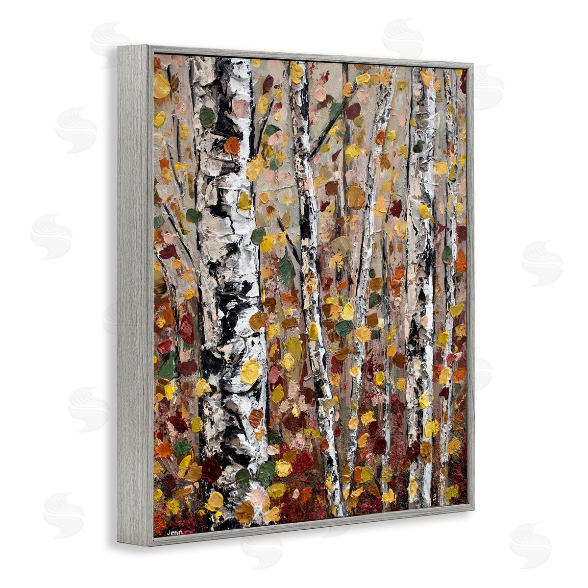 Autumn Birch Trees Abstract Leaves Grey Frame Print Wall Art, Home Decor by Jen Seeley