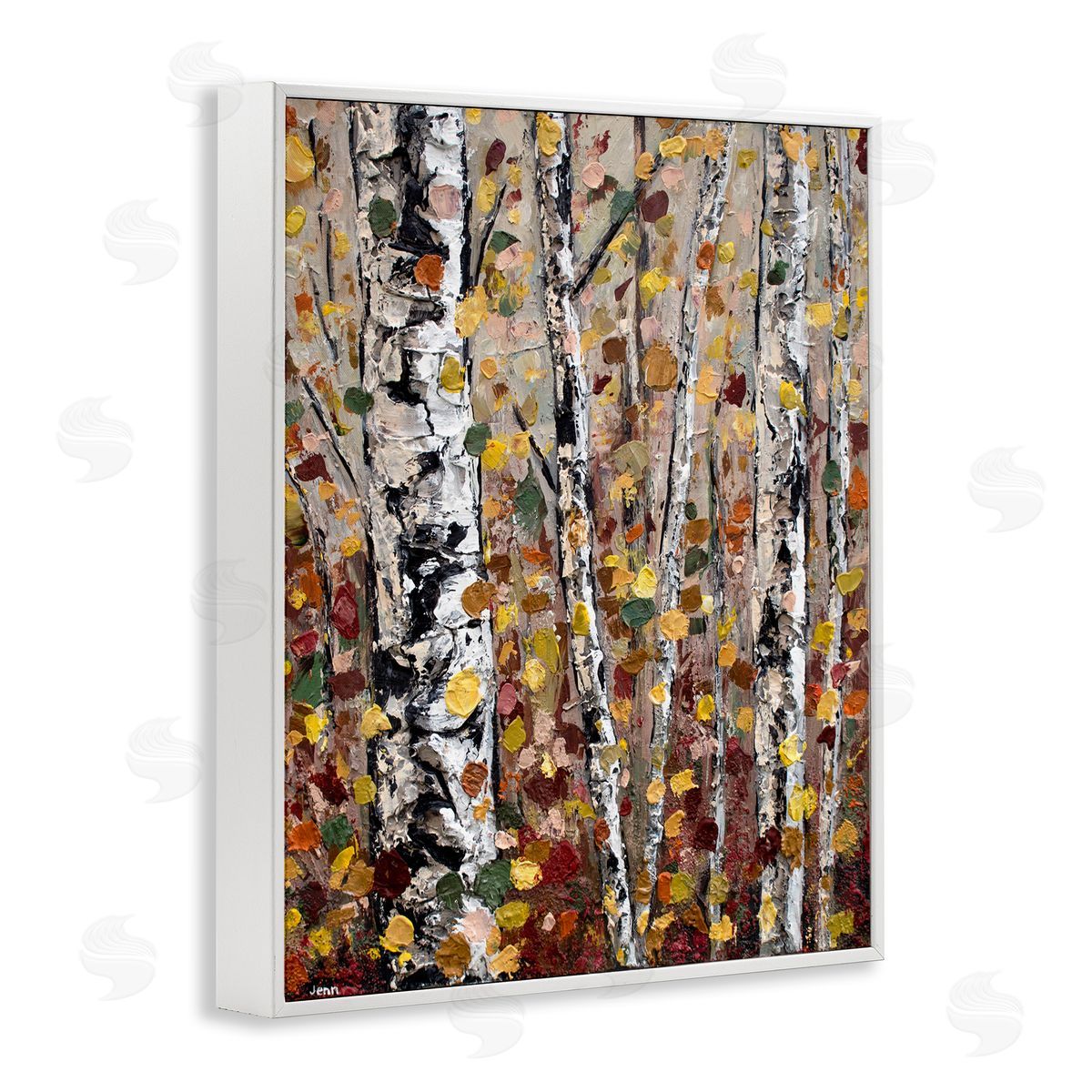 Autumn Birch Trees Abstract Leaves White Frame Print Wall Art, Home Decor by Jen Seeley