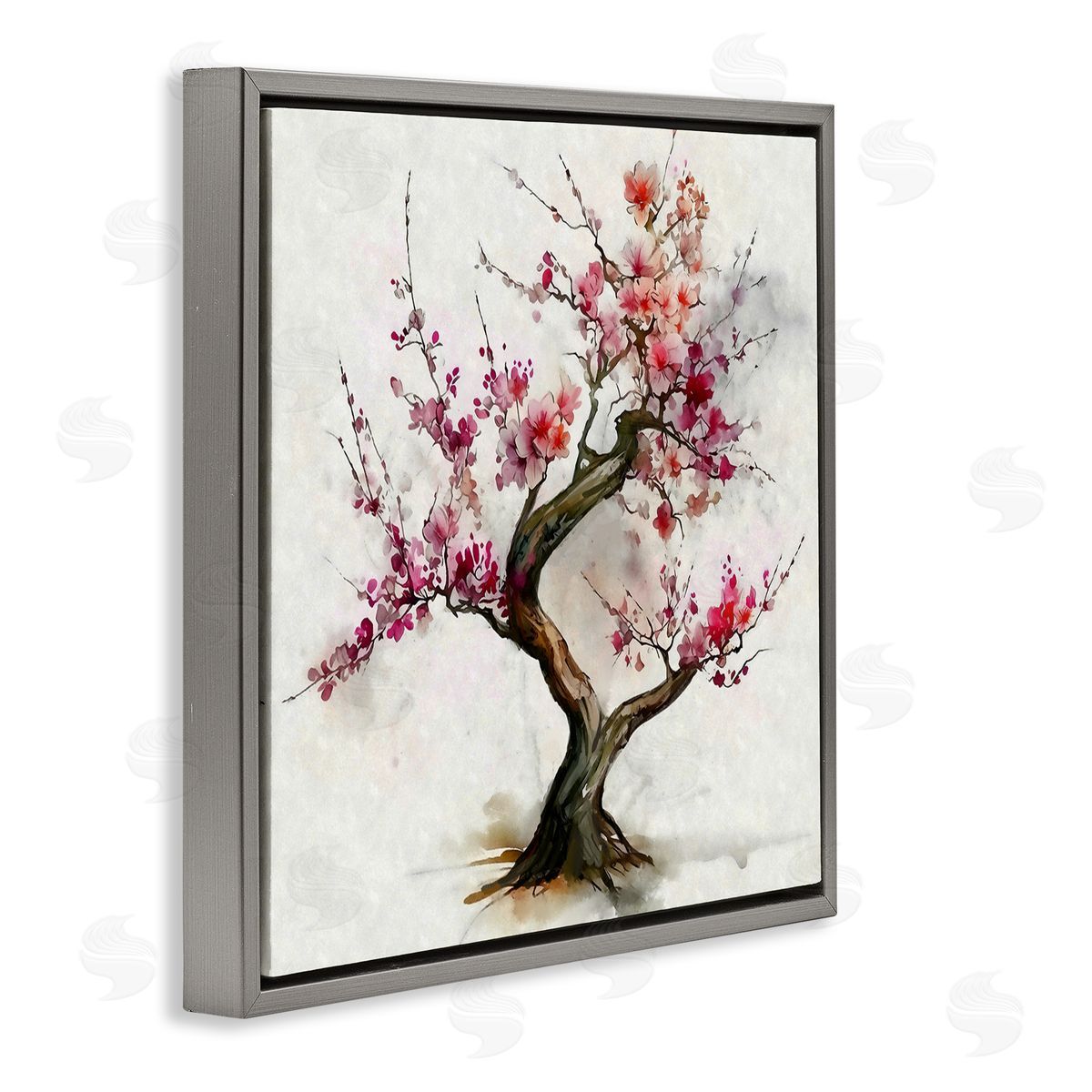 Ziwei Li Cherry Blossom Bonsai Tree Gray Floating Frame Canvas Wall Art Print