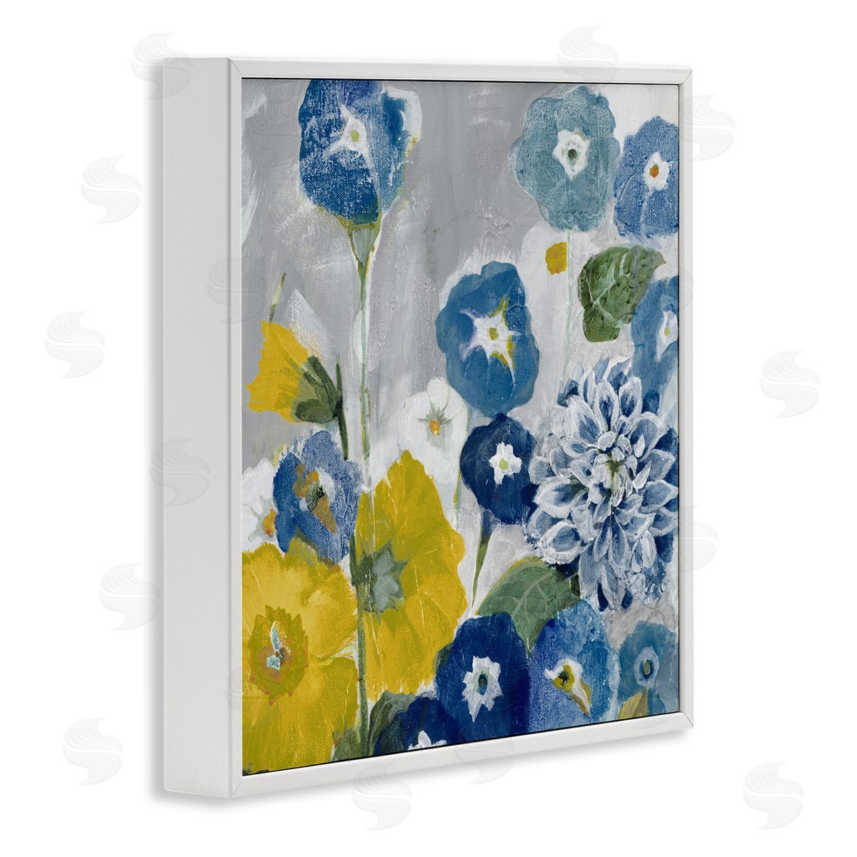 Blue & Yellow Abstract Poppies White Frame Print Wall Art, Home Decor by Jill Martin