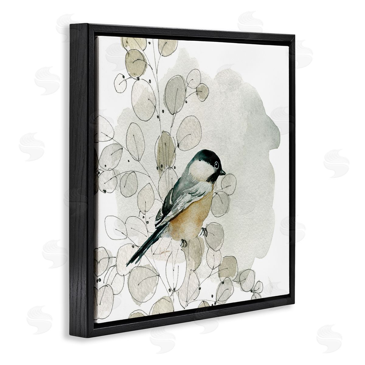 Livi Finn Finch Bird Perched Soft Botanicals Black Floating Frame Canvas Wall Art Print