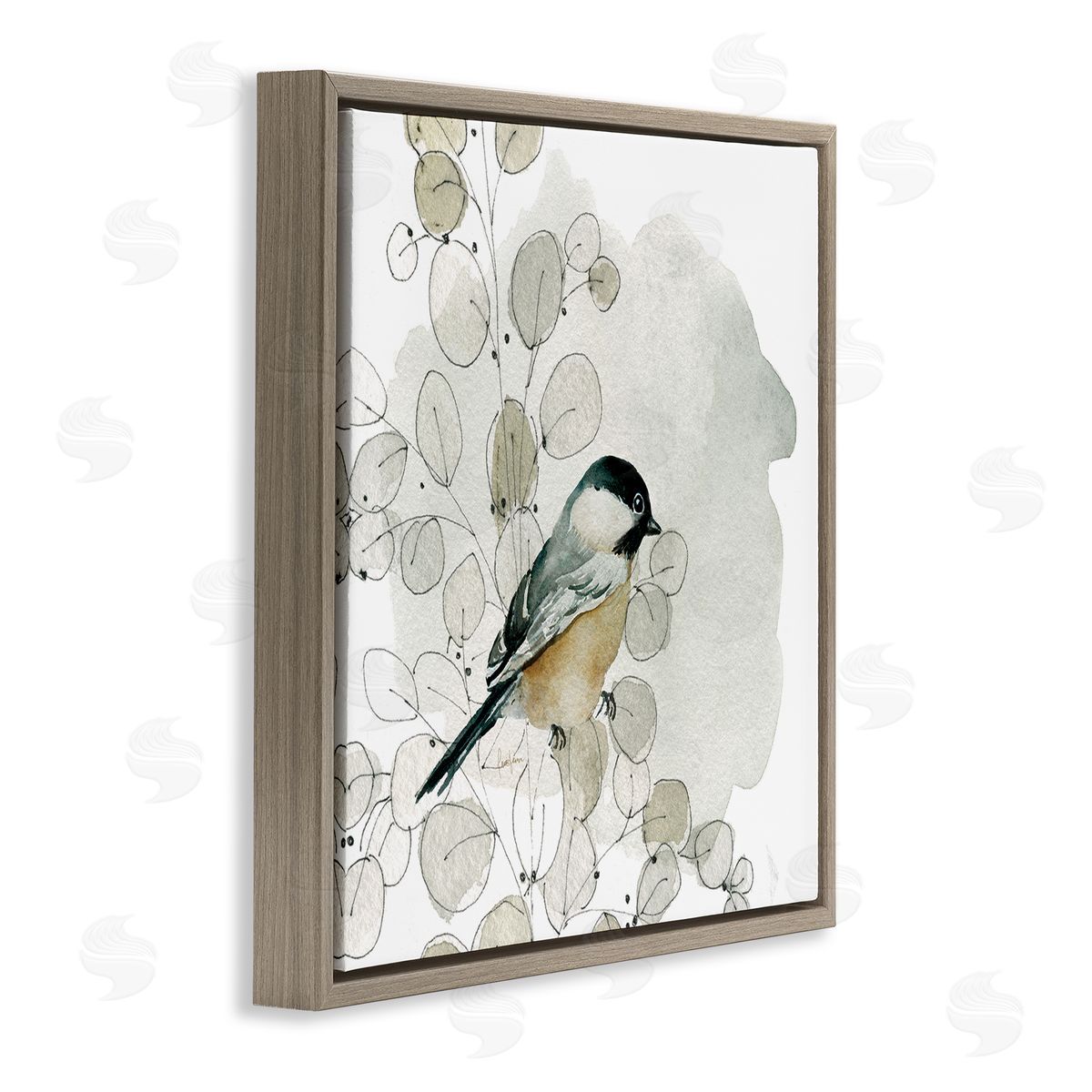 Livi Finn Finch Bird Perched Soft Botanicals Brown Floating Frame Canvas Wall Art Print
