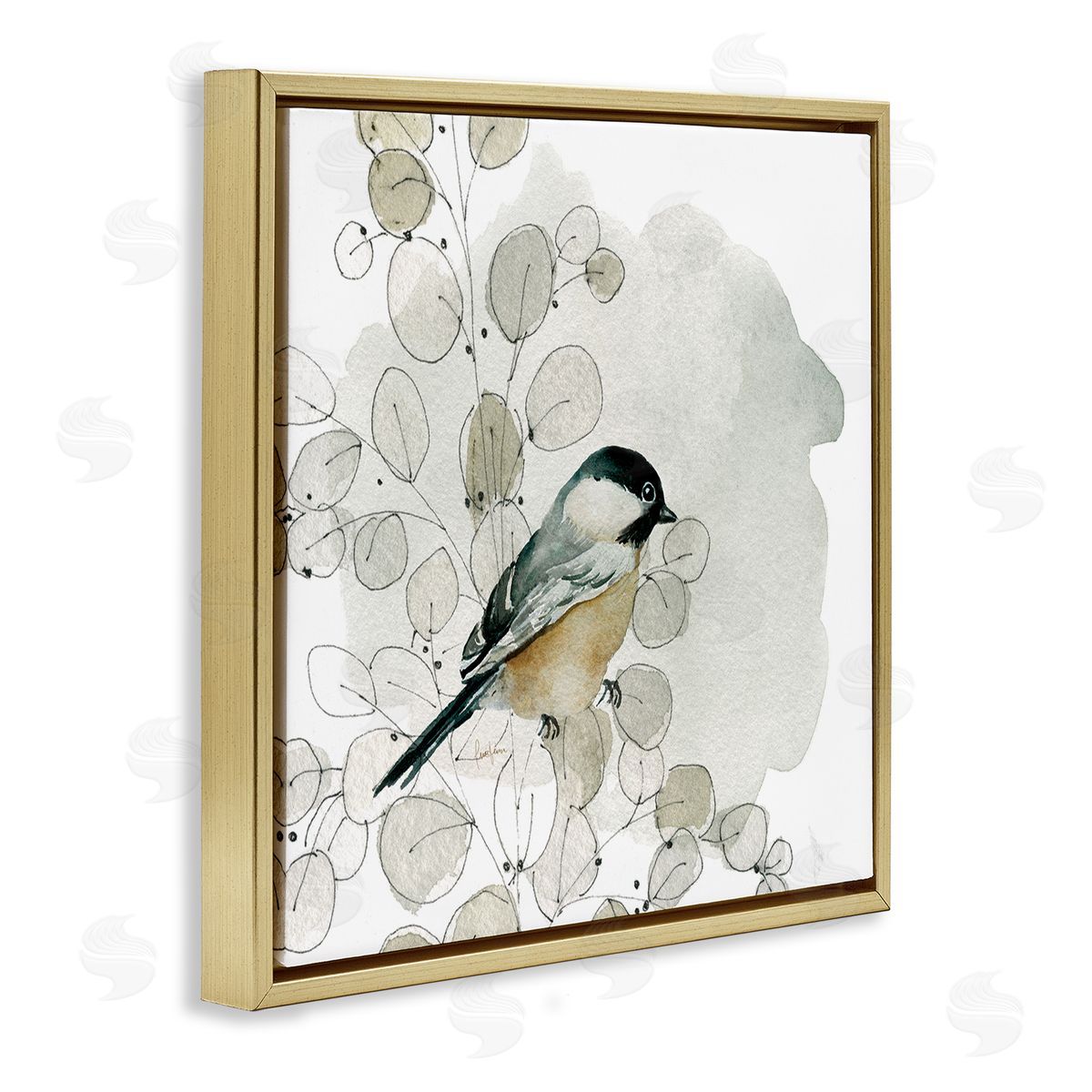 Livi Finn Finch Bird Perched Soft Botanicals Gold Floating Frame Canvas Wall Art Print