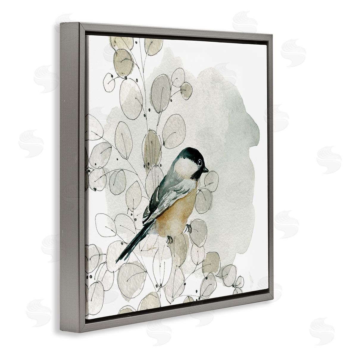 Livi Finn Finch Bird Perched Soft Botanicals Gray Floating Frame Canvas Wall Art Print
