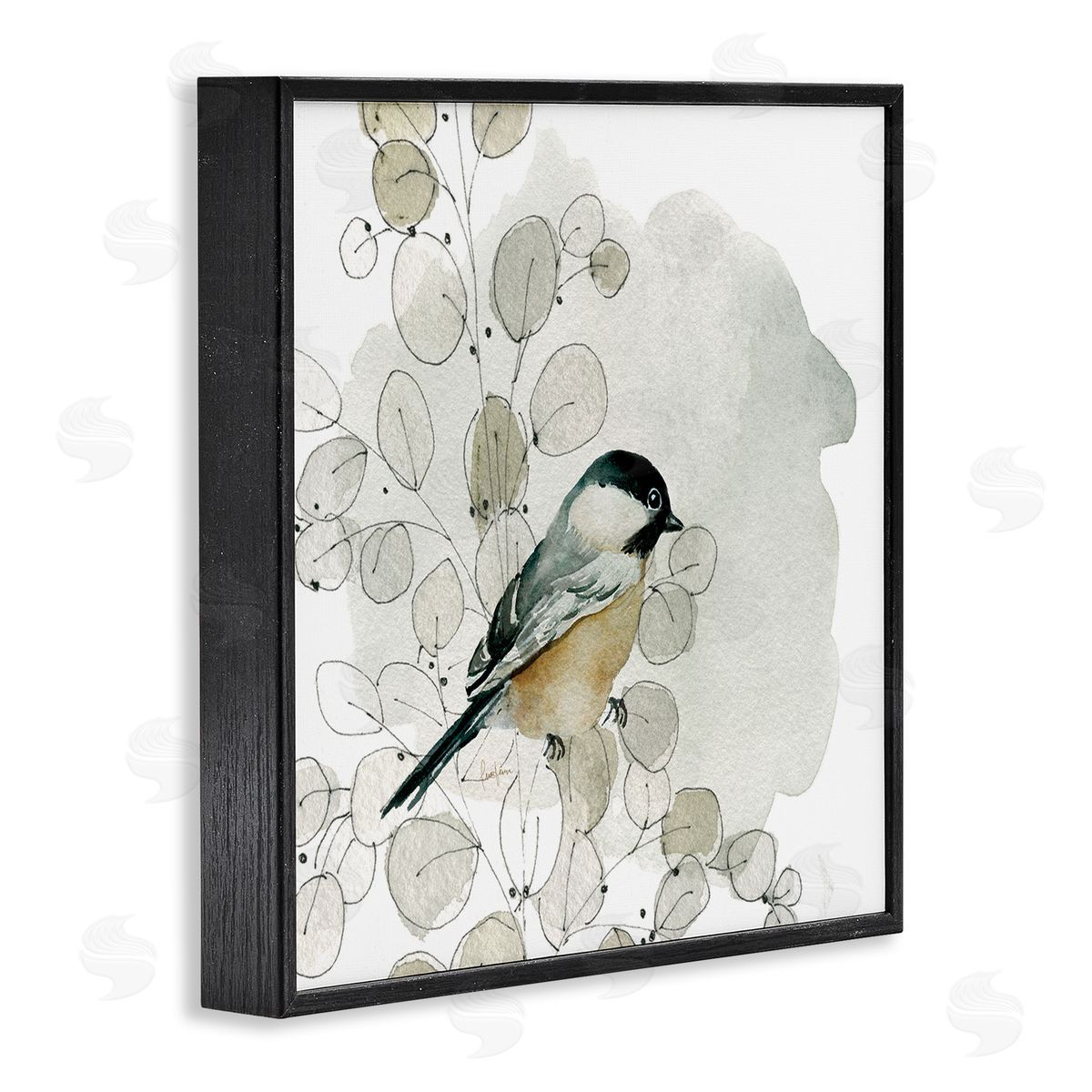 Livi Finn Finch Bird Perched Soft Botanicals Black Framed Glicee Wall Art Print