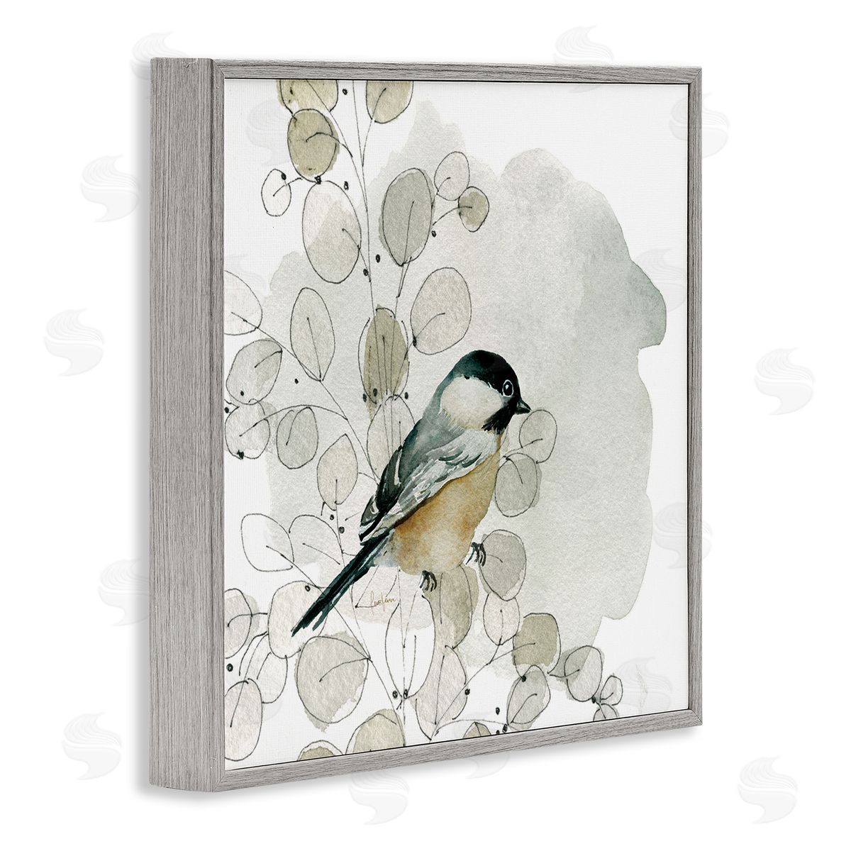 Livi Finn Finch Bird Perched Soft Botanicals Gray Framed Glicee Wall Art Print