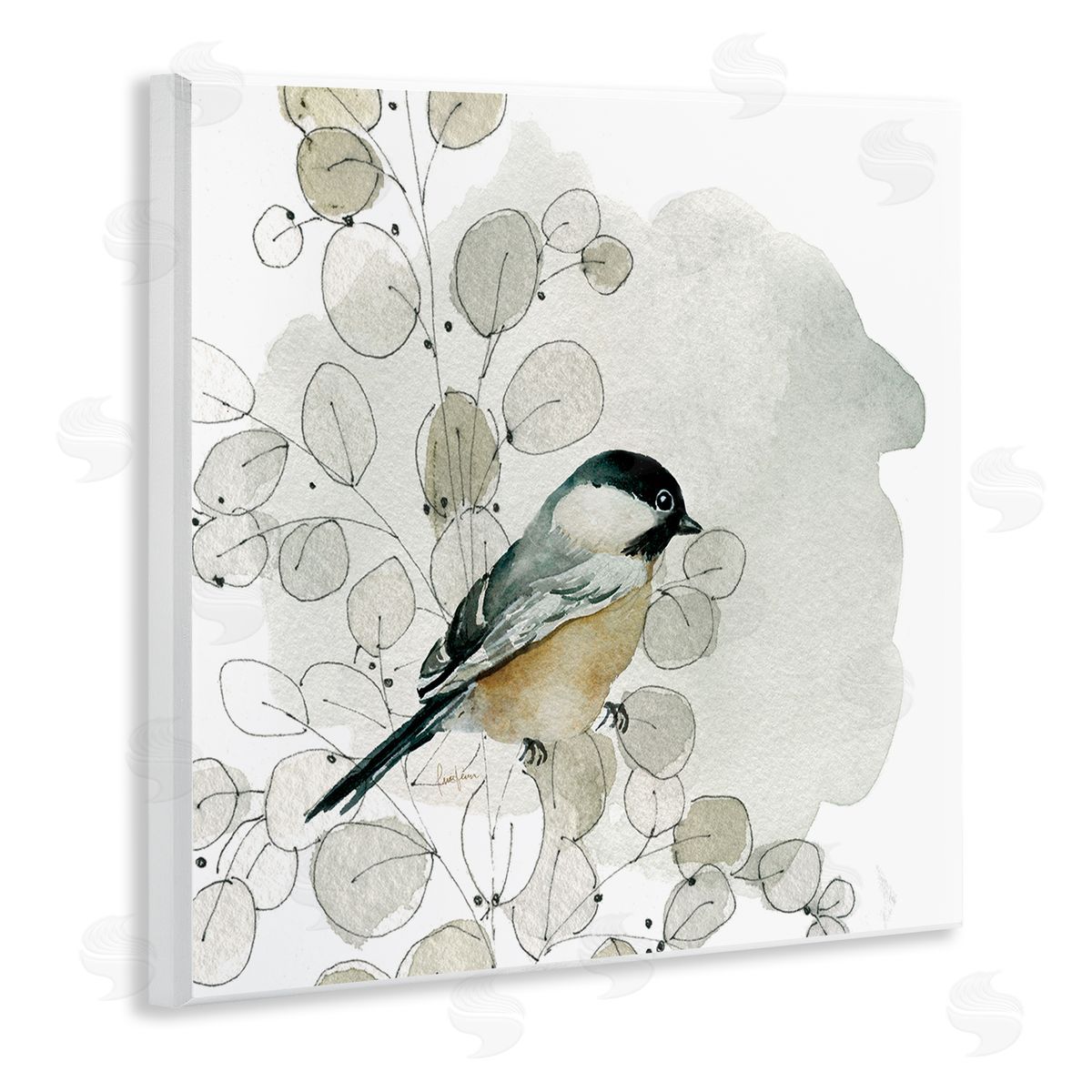 Livi Finn Finch Bird Perched Soft Botanicals Wooden Wall Plaque Art Print