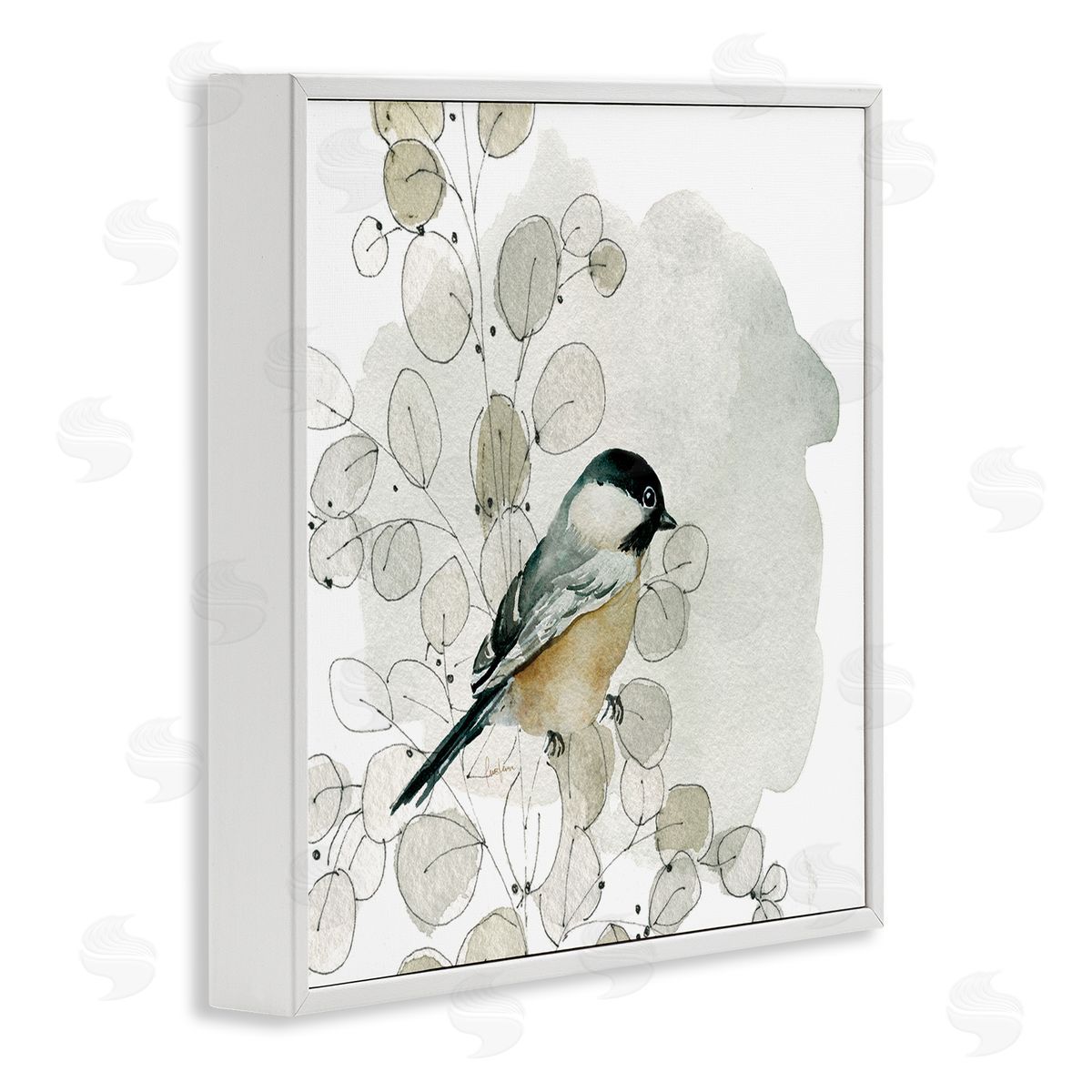 Livi Finn Finch Bird Perched Soft Botanicals White Framed Glicee Wall Art Print