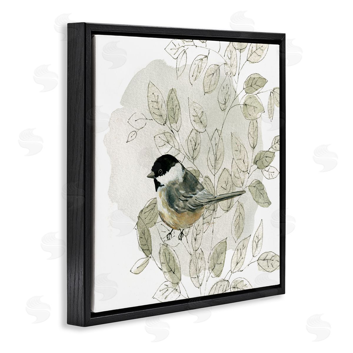 Livi Finn Bird Perched Soft Cottage Plant Black Floating Frame Canvas Wall Art Print
